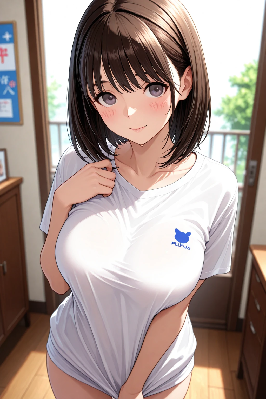 frame in, from right in front of face and body, view straight on, upper body, High quality, very high res, High quality, very high res, cute girl, brown hair, forehead, blunt bangs, bob cut, blush,Brushed up bangs, wearing a plain t-shirt, shirt lift, see light blue polka dot bra, ((Bra lift)), ((bra lift)), the bra is below the breasts, medium breasts, ((I can see your pale pink nipples)), I can see your belly button, upright, naughty way to sit, smile, at office