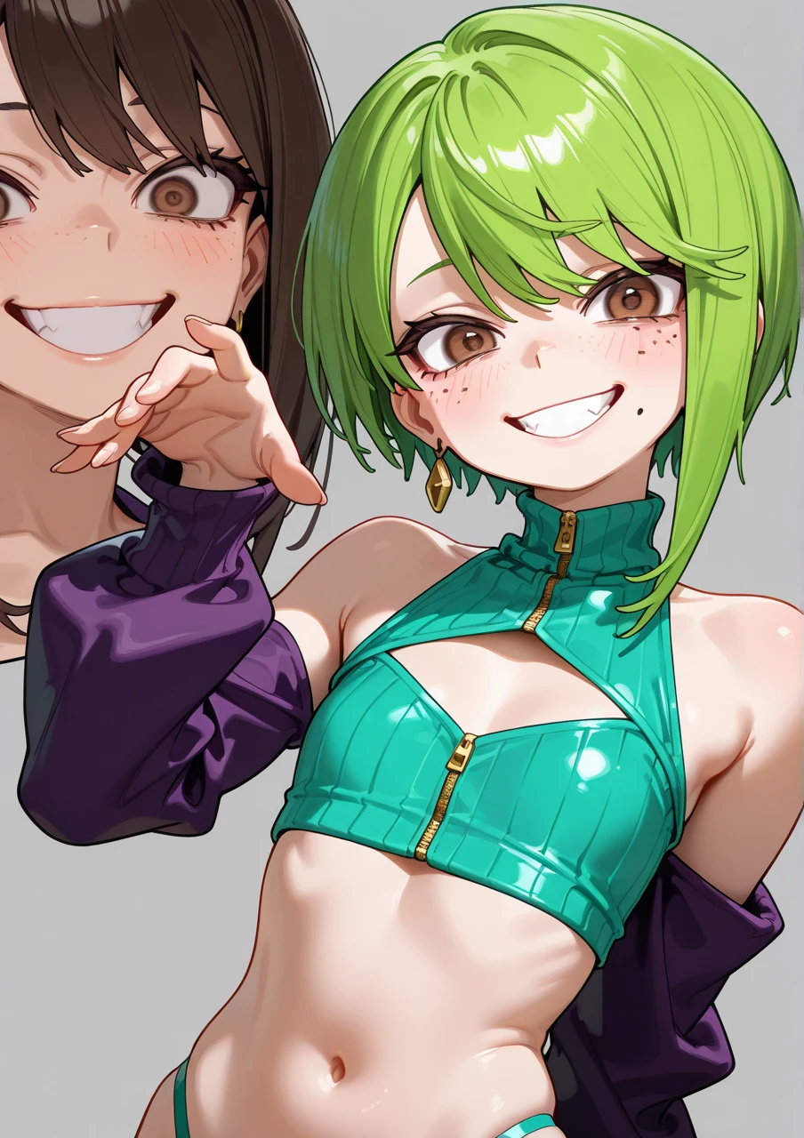 A girl with short bob black hair and green eyes with freckles on her face and big breasts wearing a green bikini in the forest lost with a dinosaur