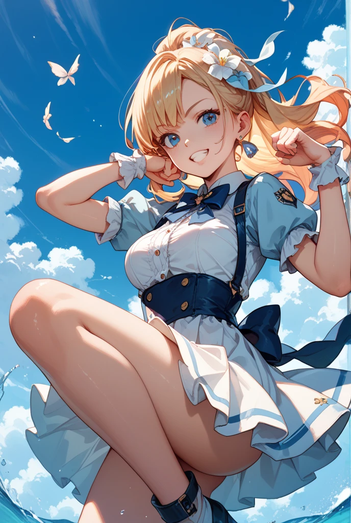Top quality RAW photos in 32k resolution taken with Canon EOS R3, (frombelow:1.15),(masterpiece、top-quality)、Closeup of crotch girl in blue Lolita dress, Summer steppe, a blond, pink underpants,Bending over,A smile, Kamimei,Refreshing,put out the tongue,Beautiful anime girl showing pants, Anime girls show off their pants,Spread your crotch, thighs thighs thighs thighs!!!, Beautiful fece,white cheeks,, thighs thighs thighs thighs!!!!!!, thigh closeup, Bare thighs!!!,