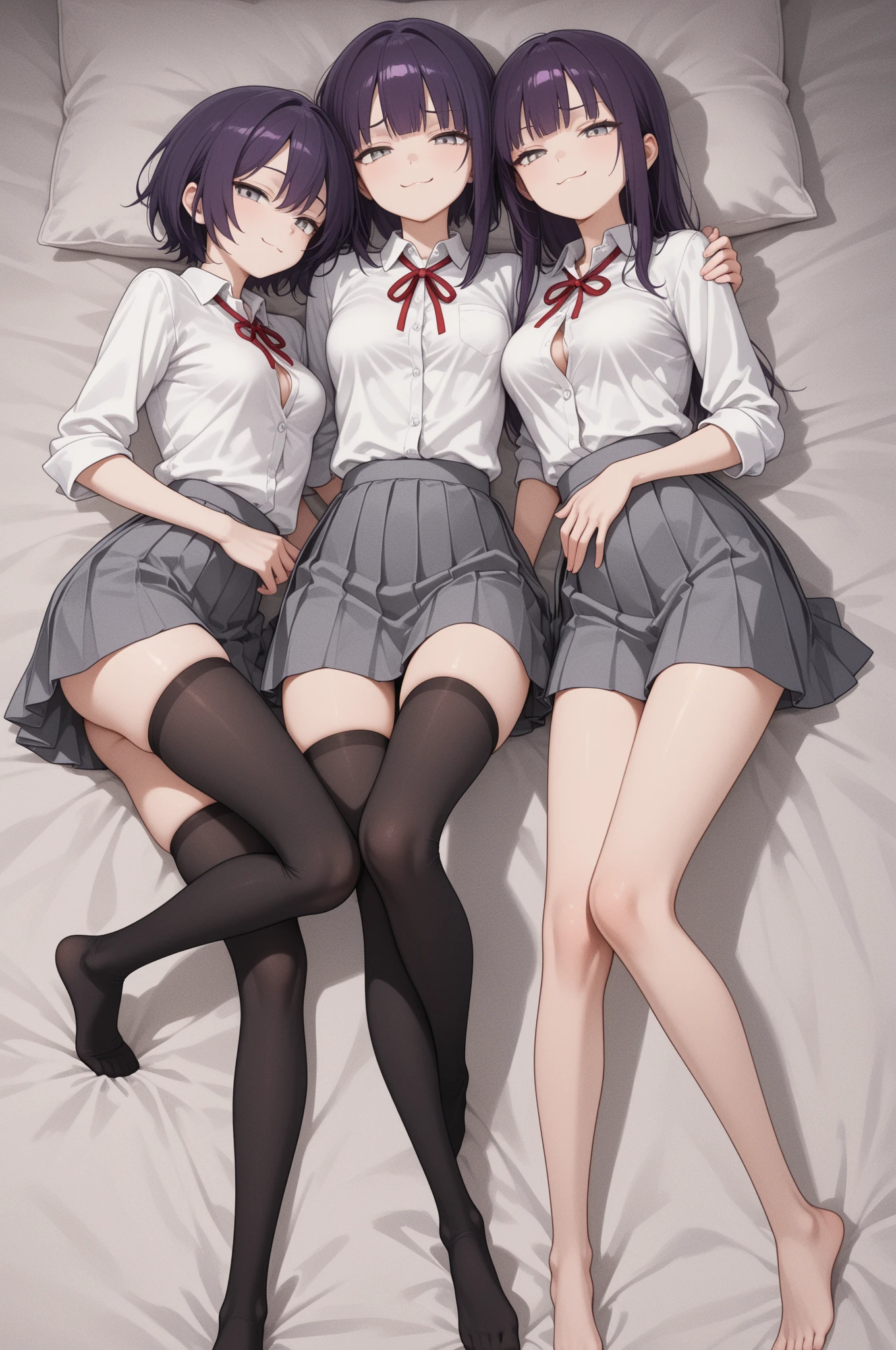 ultra detailed,8k, [ 4k digital art ]!!,anime girls,black short hair,(school uniform:1.2),bow tie,pleated checked skirt,navy socks,loafers,naughty undies,curvy body,3girls licking dildo at messy room,personal room,school bag,condoms,bukkake on buttocks,excessive cum,(happy and ahegao),thick thighs,revealing clothes