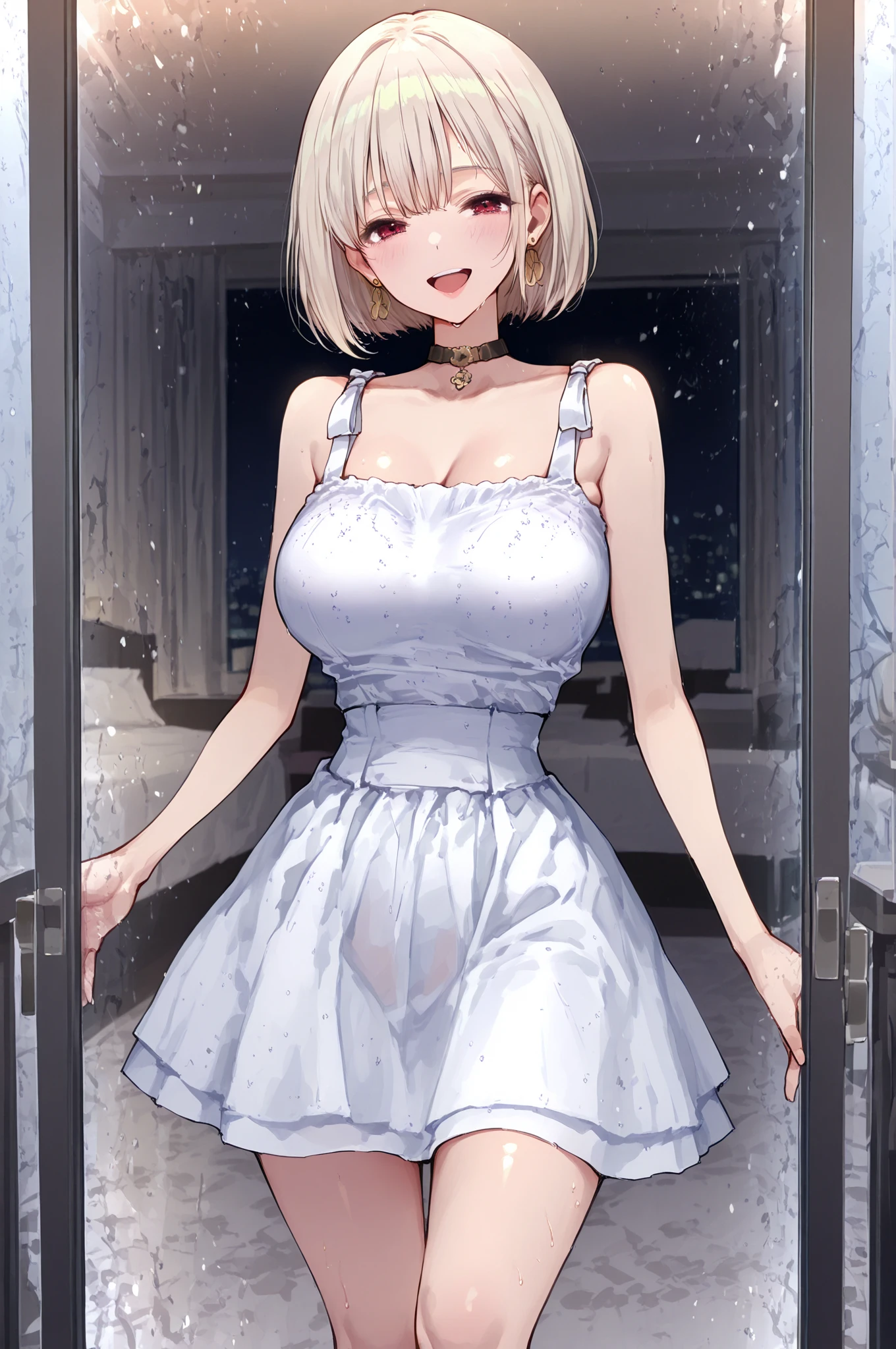 short white hair, blush, embarrassment, big , long white gold dress, legs not covered, standing, black large dog collar, red cheeks