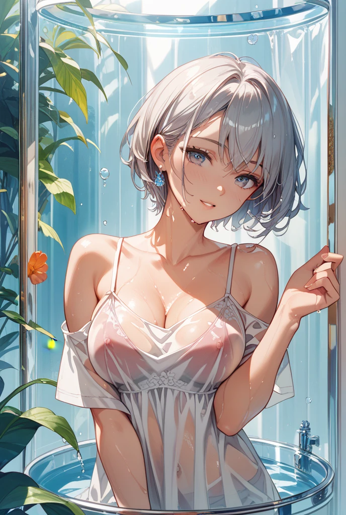 ((((masterpiece, best quality, high resolution)))), Extremely detailed 8K, Beautiful girl with voluptuous body, (Ultra HD, Ultra-detailed, Highly detailed, Highly realistic, Ultra-realistic, photograph realistic), (1girl:1.5), (Realistic white hair), short wavy hair, bob cut, (dynamicposes), facing at camera, light smile, parted lips, purple eyes, average breasts, sagging breasts, (beautiful detailed face, beautiful detailed eyes), ((naked)), sweat, glow, (sunbeam, sunlight)