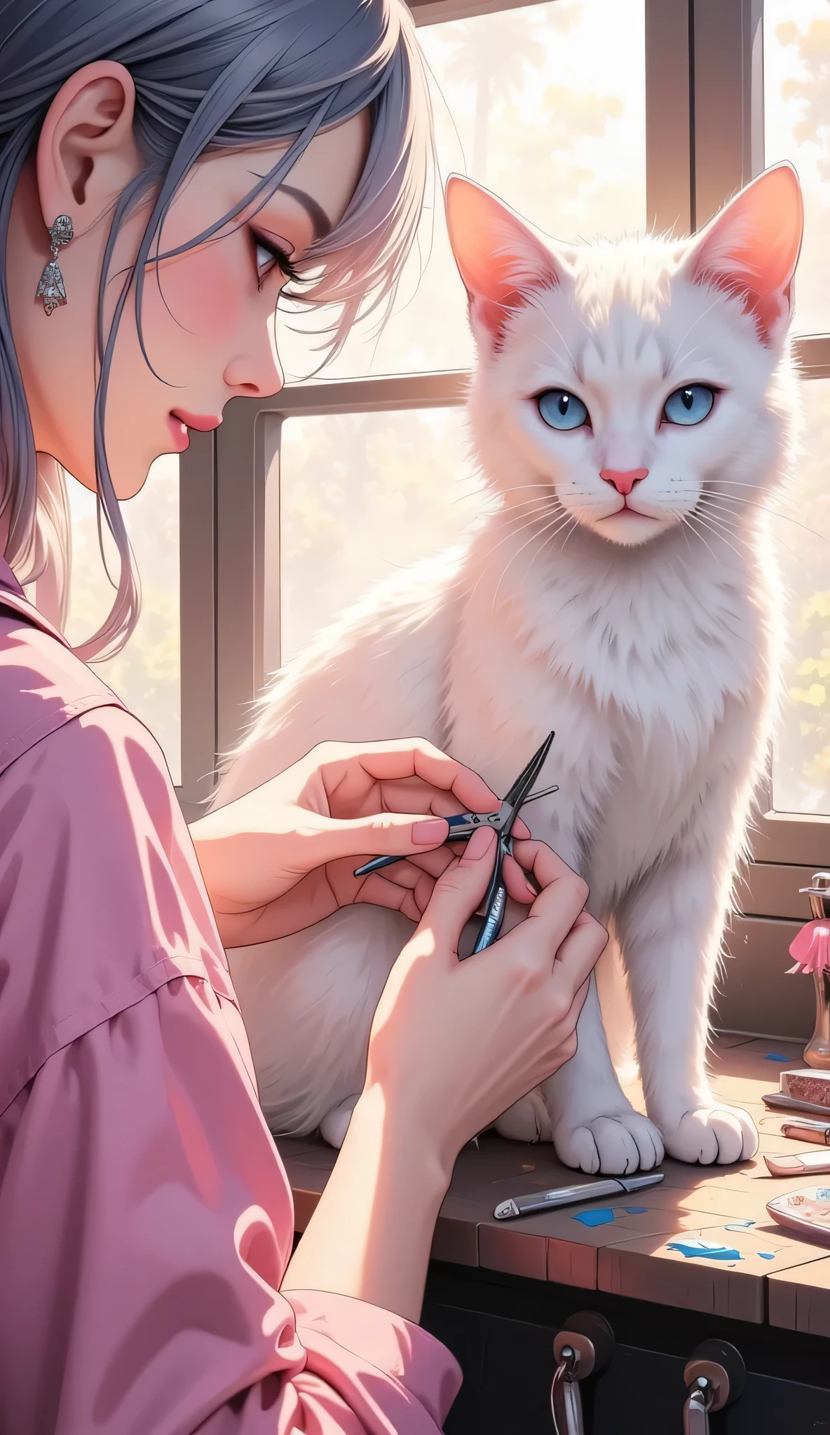 High quality full body,Realistic Cat,a cat's hairdresser,is cutting hair,Beautiful rays of light,delicate texture,precise texture,high resolution,Realistic,like the picture,4K,HDR,Studio Lighting,Extreme Details,Professional,Vivid colors,Bokeh