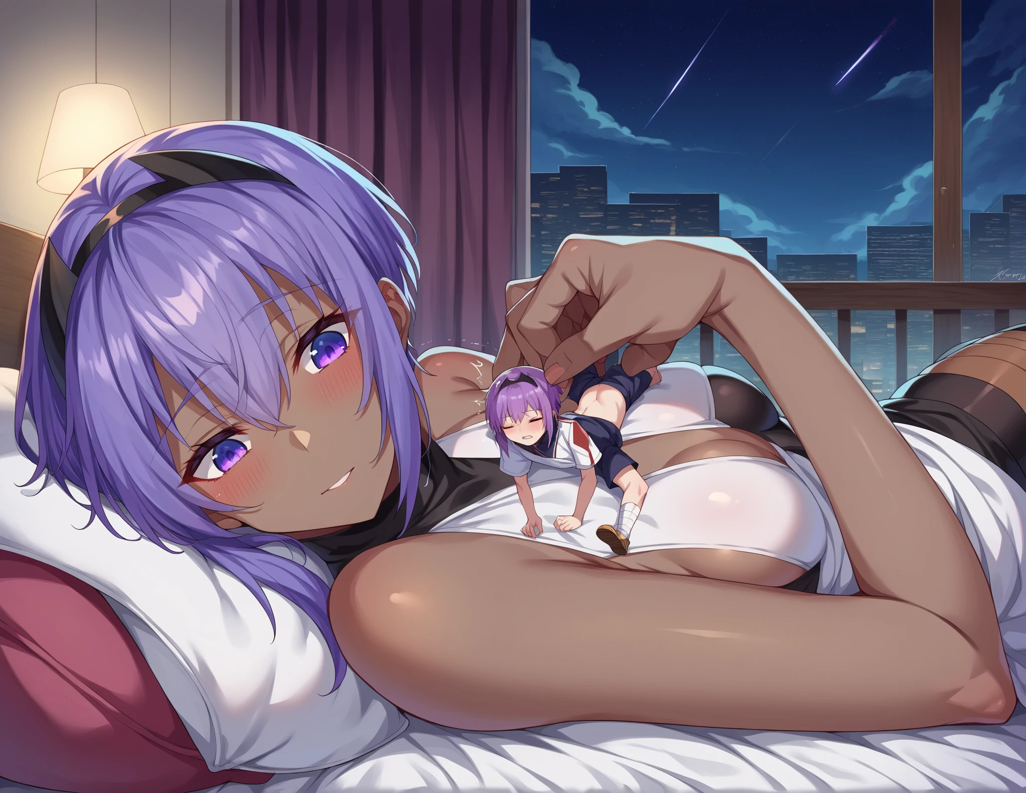 Beautiful girl foxgirl, medium large breasts,purple hair with pink highlights tips, masterpiece , red eyes, sexy, anime styled, 2D, mature, dynamic angle, long hair, sexy, fox tails, sexy pose, night time, ????, sexy, ?????, lean in