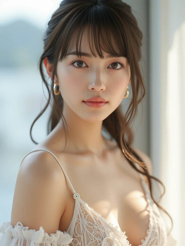 Tabletop, highest quality, Realistic, Very detailed, finely, High resolution, 8k wallpaper, One beautiful woman,, Light brown messy hair, He is wearing only a white see-through open-necked shirt., Sharp focus, Perfect dynamic composition, Beautiful and detailed, Thinning hair, Detailed Realistic skin texture, smile, whole bodyポートレート, Model Body Type、president'secretary、High heels、whole body、suit