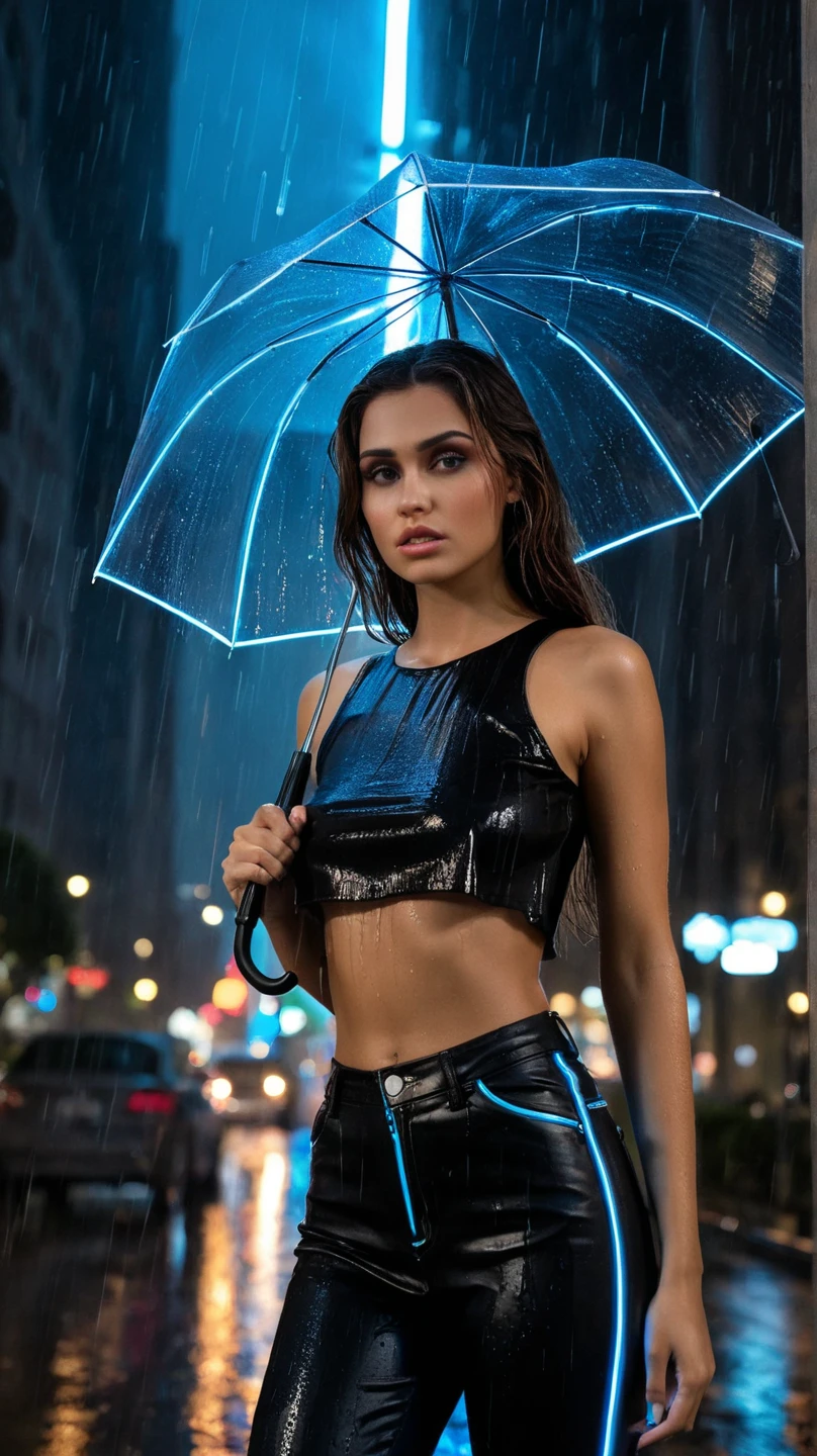 (heavy rain:1.2), empty street, musical "singing in the rain", stunning naked woman dancing under the rain, wet skin, glossy skin, nsfw, 50's hat, necktie, vest, (naked under vest:1.1), High heel shoes, holding umbrella, female focus, moonlight, night, solo, <lora:bluestyle:0.6>, minimalistic fashion portrait, stark lighting, medium-format camera, bold posing, emphasizing high fashion, dramatic lighting, fashion photography, art by Richard Avedon