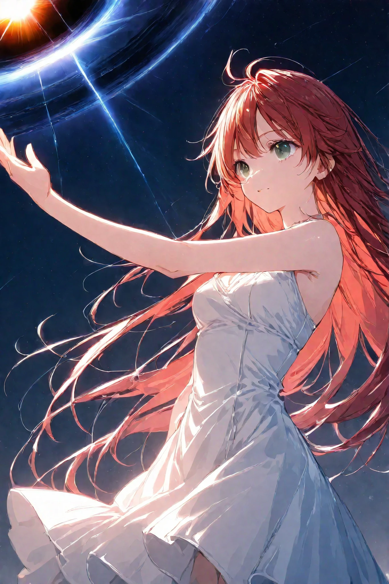 black hole、Red hair、Dark green eyes、Rin々Seems、 Blue Moonlight 、white dress、super long hair、30 years old、HIGH DEFINITION、up