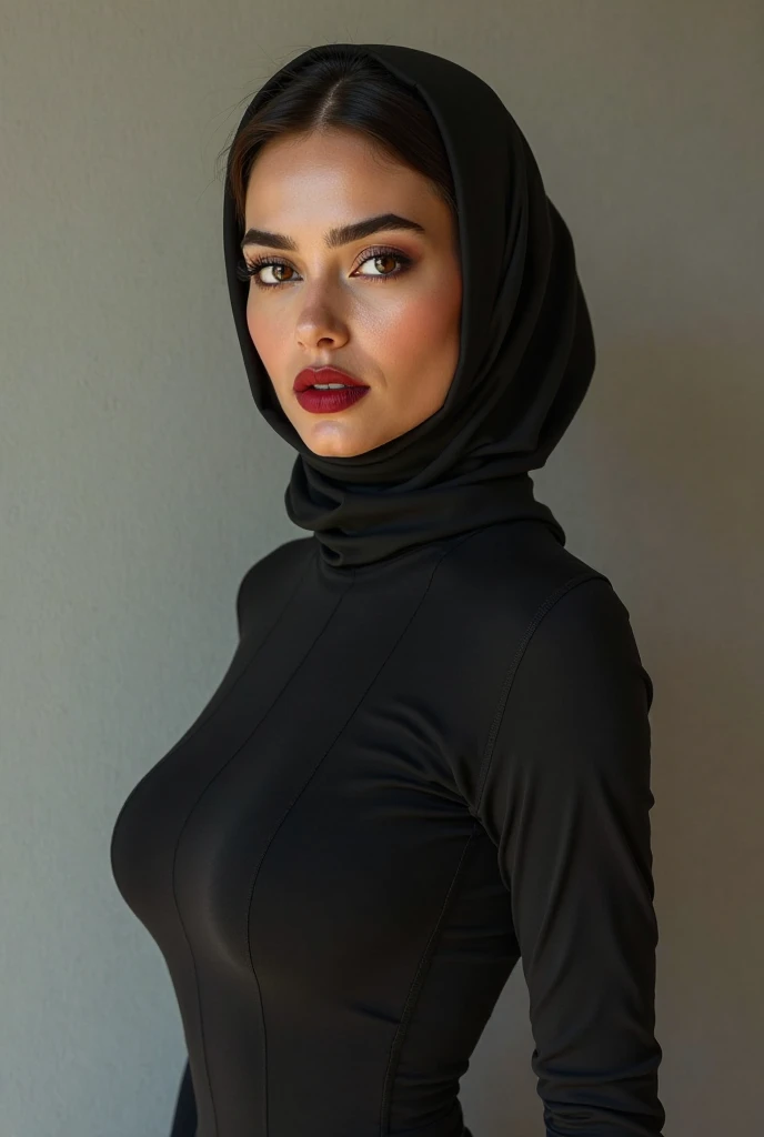 (Sfw huge C breast), sexy breast, big cleavage, (hijab), open_clothes, strapless bra, real skin, real breast, detailed skin features, detailed breast, detailed clothes features, real face, realiatic face, detailed face and breast, detailed skin features, beautiful eyes, grey eyes, detailed eyes, glossy lips,