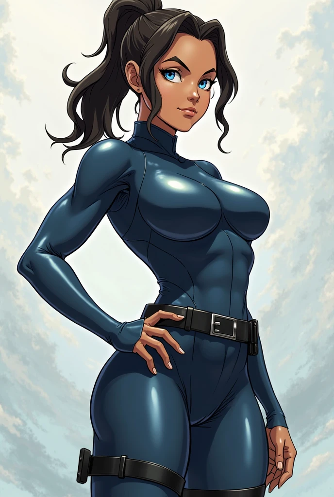 ((girl muscular thick)) pale skin black hair ultra detailed eyes huge large breasts toned body embarrassed blush very long hair skintight suit yellow eyes hair flaps cleavage