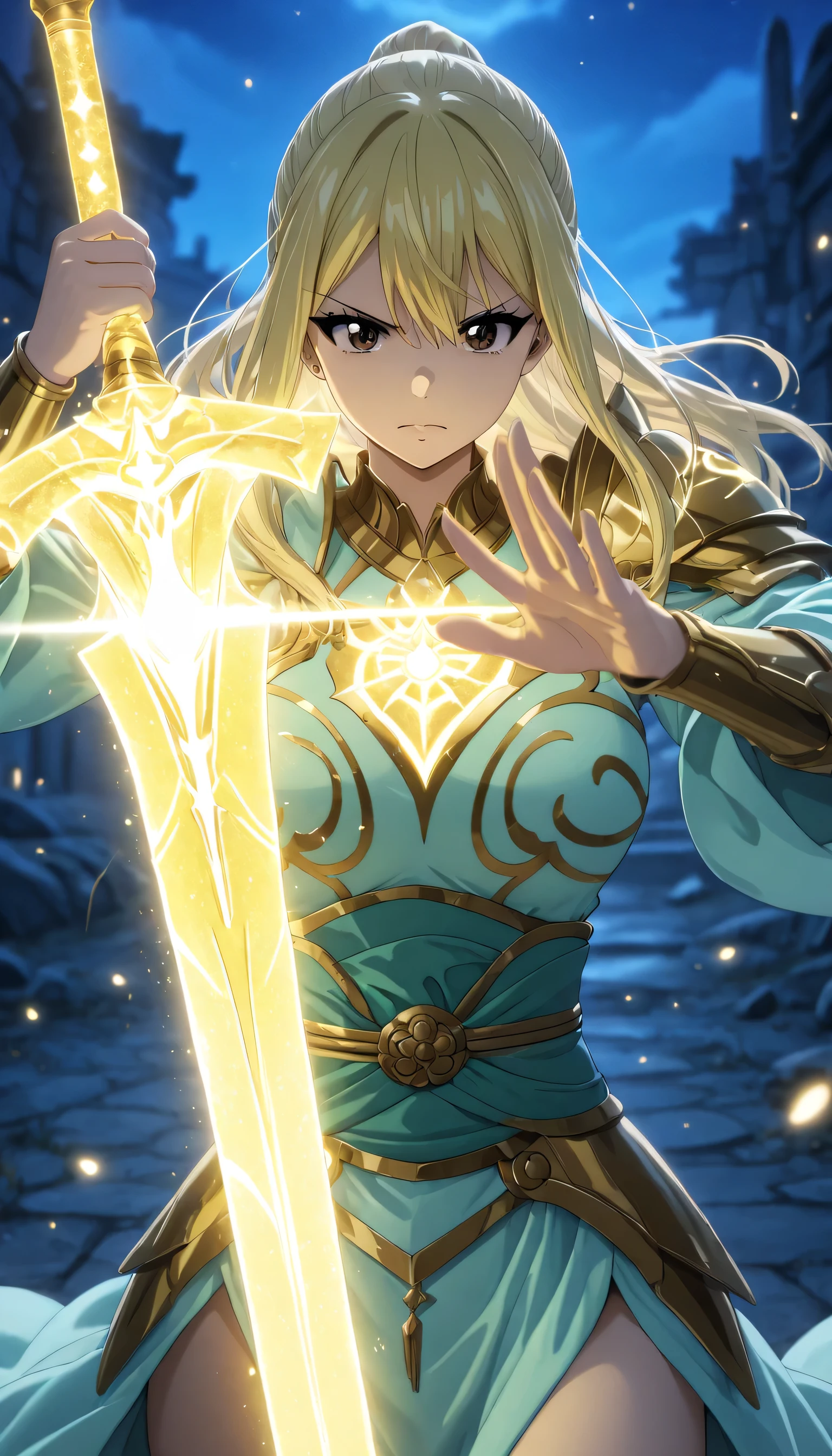 masterpiece, high score, great score, absurdres, close-up, beautiful woman, lucy heartfilia, long hair, blonde hair, brown eyes, mature female,
Celestial spirit clothes armor or dress, celestial spirit armor or dreas, ((beautiful eyes)), vivid colors, volumetric lighting, soft lighting, one girl, one female, one woman, weapon,cowboy shot,outdoors, sword,holding weapon,blurry,night, depth of field,glowing,holding sword,obi, serious mode, the king pose, king pose, one sword