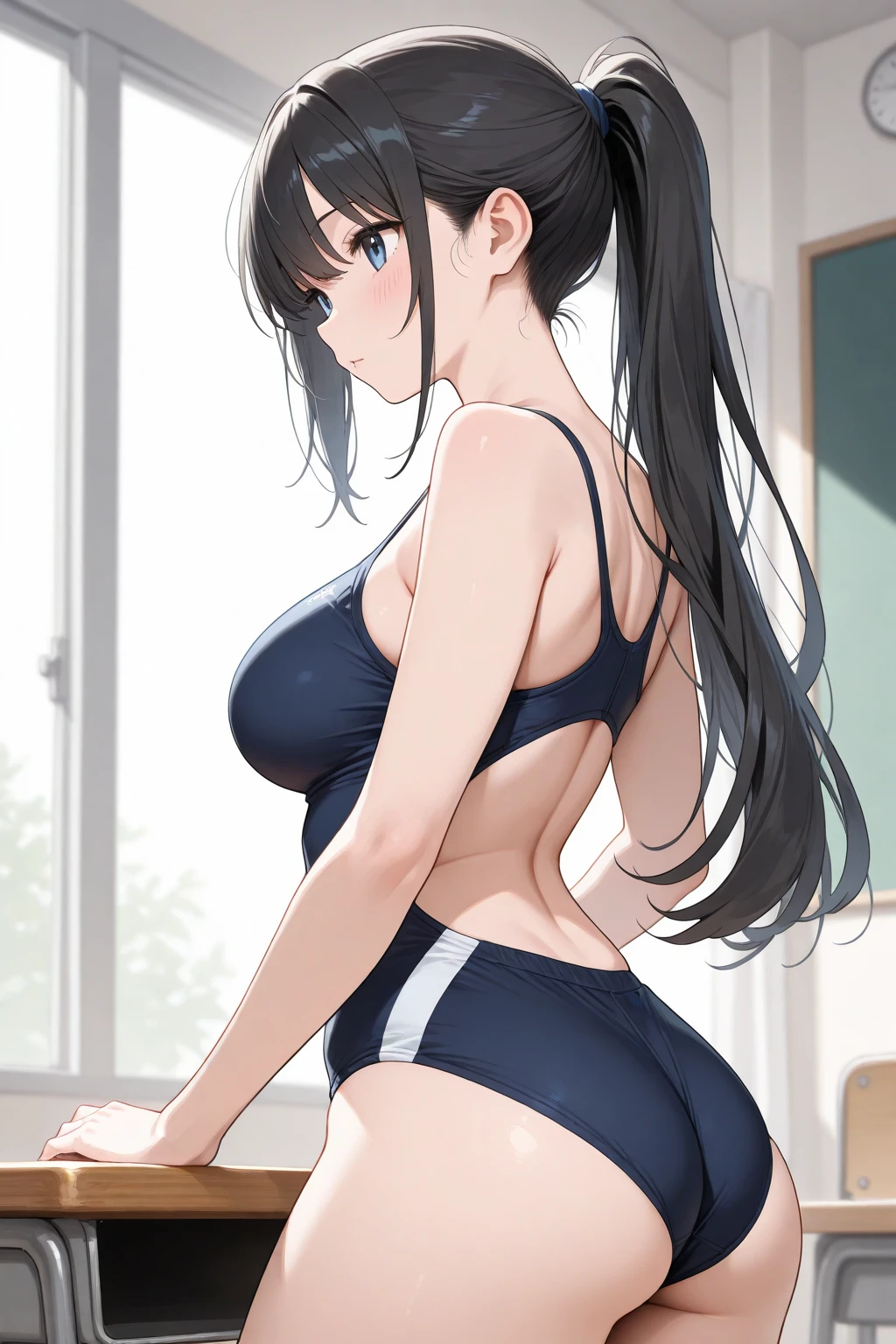 masterpiece, great quality, ultra detail, illustration, game cg, 1girl, solo, (FGOErice), collarbone, cleavage, blush, outside, (one-piece swimsuit), looking back at viewer, skinny