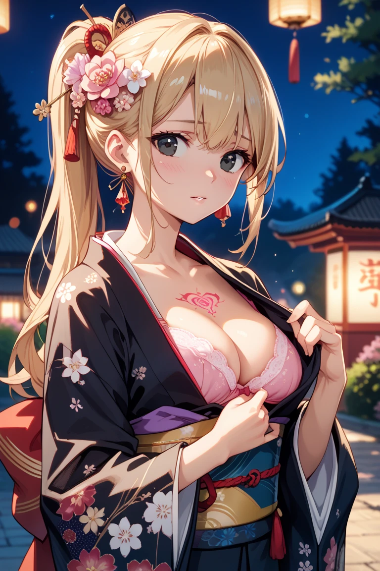 ​masterpiece, Hi-Res、top-quality, The ultra -The high-definition, max resolution, ighly detailed, Kyoto Festival at Night、Yomiya、Hooked on festive stalls、Looks fun、Looks happy、A smile、Kimono、You Guo、(perspiring)、White sigh、Steaming、Professonal lighting, pretty skin, Very pretty, a blond、Young Face, (Crowded, 1girl in, blush, ((Cold days、Sigh))、((((Kimono)、Charming)、Solo, Charming, sweat drops,  A little visible through the gap in the kimono、The gap between the chest and the kimono、Take off your kimono a little、Pick up a kimono、grabbing the collar of Kimono、Open your chest yourself、Show off your breasts、I can see the cleavage、nipplesout:1.3、((Areola Out:1.3、Chest out:1.3)), ((Transverse breasts、Speciality))、cowboy  shot、Side angle、Angle from the side