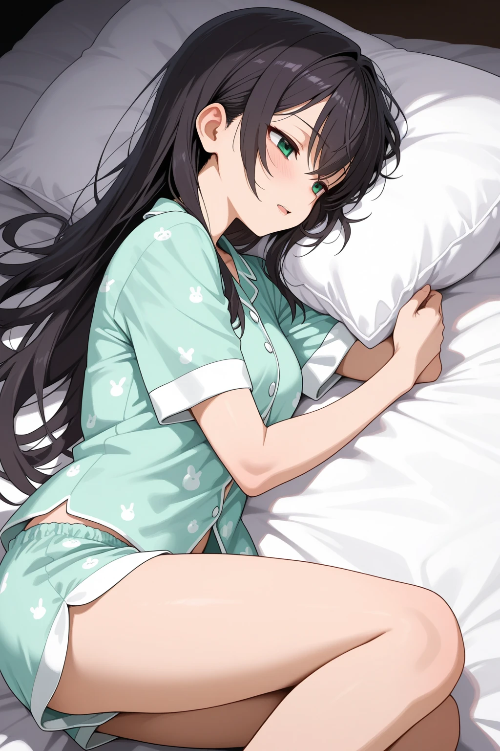 ((1 girl)), sleep, Lie down on the bed, ((Close your eyes)), Open Mouth, Untidy face, Loungewear, fluffy, warm, Cowboy Shot,((Very detailed,highest quality, High resolution, fell, Sloppy, Lazy and slothful,Indifference, 8k wallpaper, Beautiful clothes,)),((Black Hair, Shortcuts,Messy Hair)), eye shadow, eyeliner,Glow Eye, Very detailedな目, Beautiful Eyes, ((glowing bright green eyes)), 18-year-old girl,Five Fingers