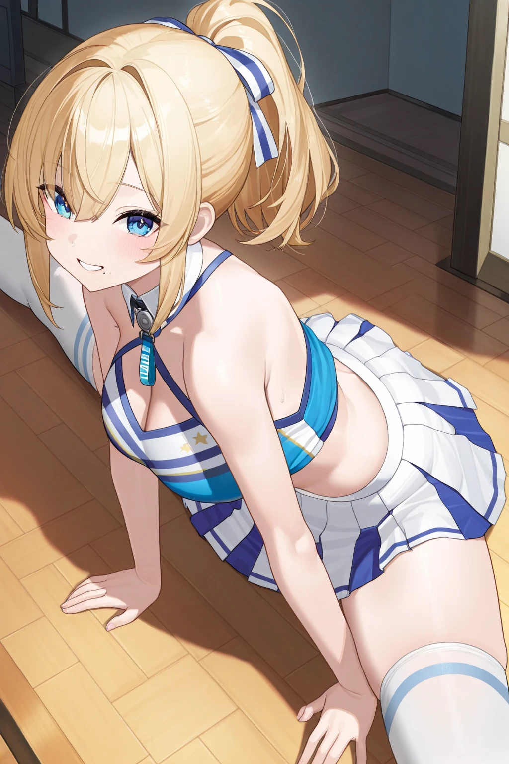 1 girl, game CG, see-through sleeveless blue gym uniform belly, button visible, short white skirt, scrunchie, gigantic breasts, blonde, middle hair, side ponytail, green eyes, outdoor, smile, open mouth, reach out, sitting on a chair, food, drink,