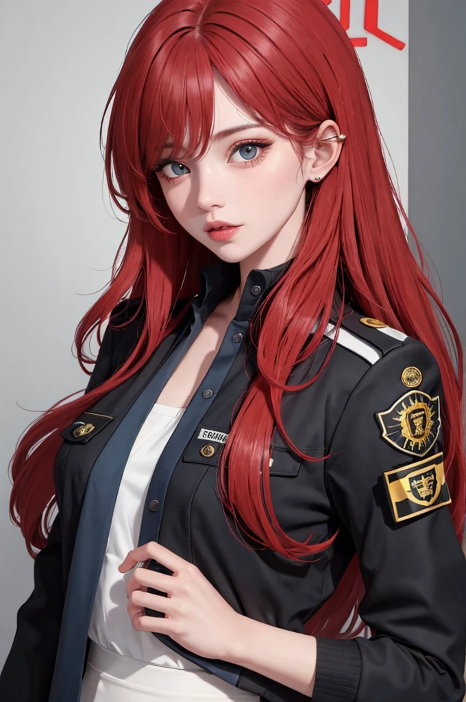 1girl , with red hair under a black tri-con cap, in a army military uniform’ with medium size .