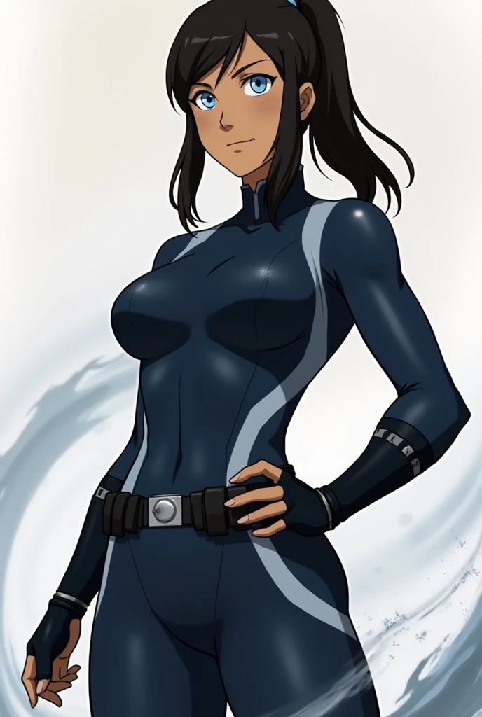 masterpiece, high quality, best quality, 1girl, solo, (muscular female:1.0), (super gigantic breasts:1.0), (closed mouth, half smile), harah, long hair, brown hair, blue eyes, dark skin, large breasts, earrings, (black and blue color-blocked bodysuit:1.50), (((blue on the sides and black on the middle of the bodysuit:1.5))), lips, blue sclera, anime screencap, anime key visual, (fully clothed:1.0), full body <lora:Harah:1.0>