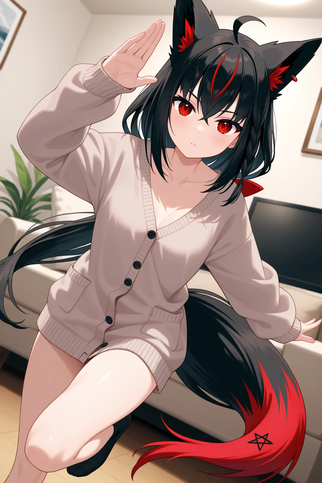 FULL BODY. effeminate teenage cat boy furry, FEMBOY, pale rosy skin, black tail and ears, SKINNY, RED EYES, chinese slanted eyes, big eyes, LONG hair, black hair, messy hair, dirty hair, floating hair, thin cute face, FRECKLES, SCARLET RED EYES, EXHAUSTED, TIRED, EYEBAGS, dark circles under the eyes, RED astronomy pattern of RED MARKS on his skin, wearing an oversized yellow sweater, neon lights bedroom background, dynamic poses, spreading legs, pussy boy, boy pussy, CUNT BOY, VAGINA, panting, blushing, PISSING, PEEING, PISS