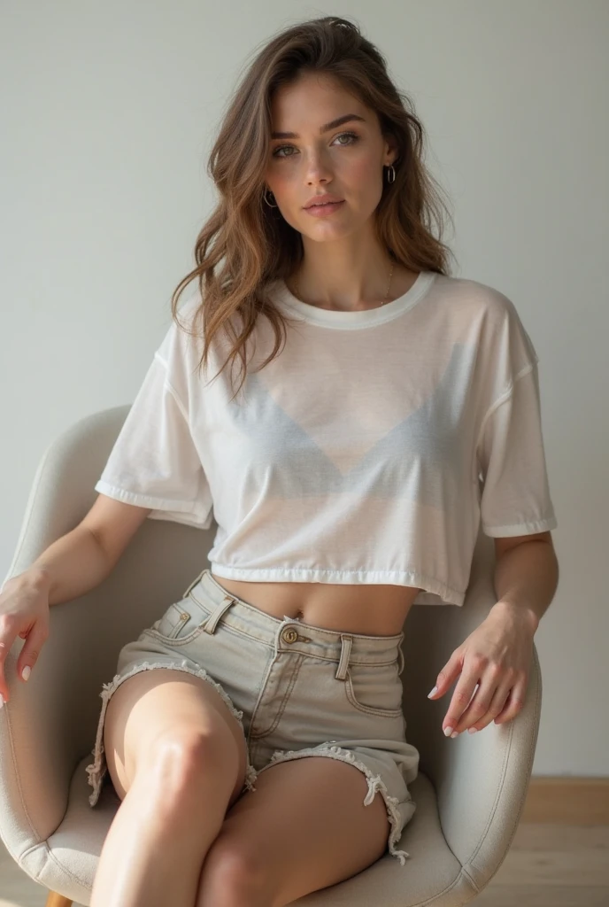 a woman with blonde hair and a brown background, perfect proportions, wide forehead, ultrarealistic uhd faces, corinne day-olyabossak-jessica madsen-beth behrs-katherine langford-hayden panetierre-amber valletta-natasha poly-adele-kristen stewart-christina hendricks-natalie portman merged, entire body visible, wearing a white short sleeve blouse and jeans with brown leather boots