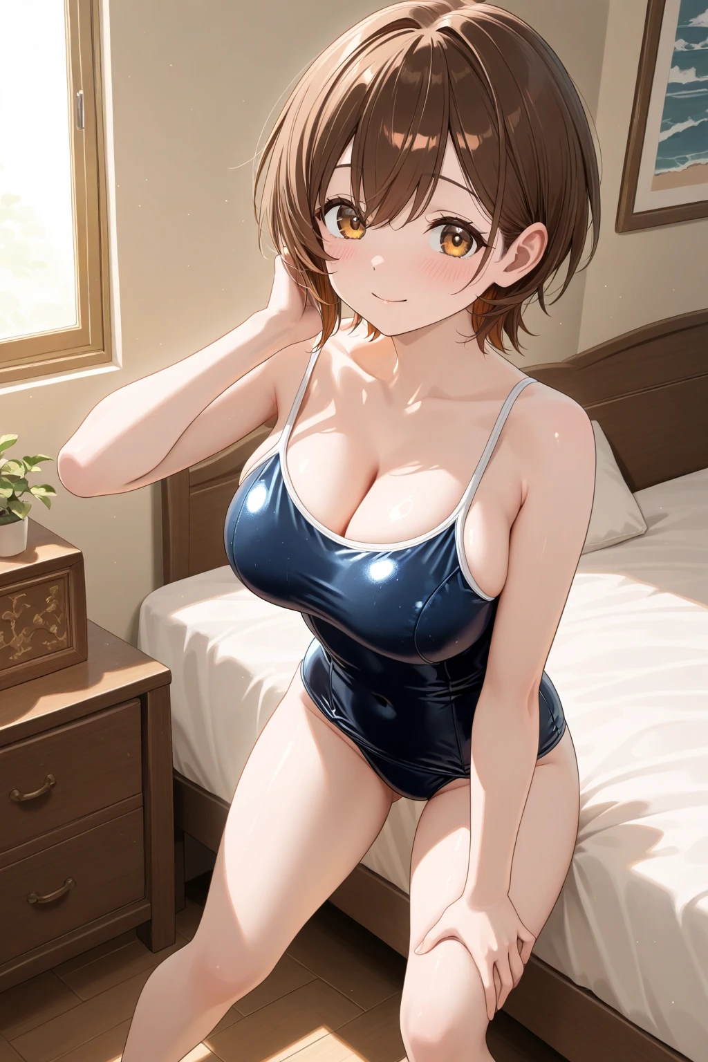 masterpiece, Highest quality, High resolution, One girl, alone, short hair, Brown Hair, Brown eyes, chest, Bedroom、Kneeling、(String swimsuit)
