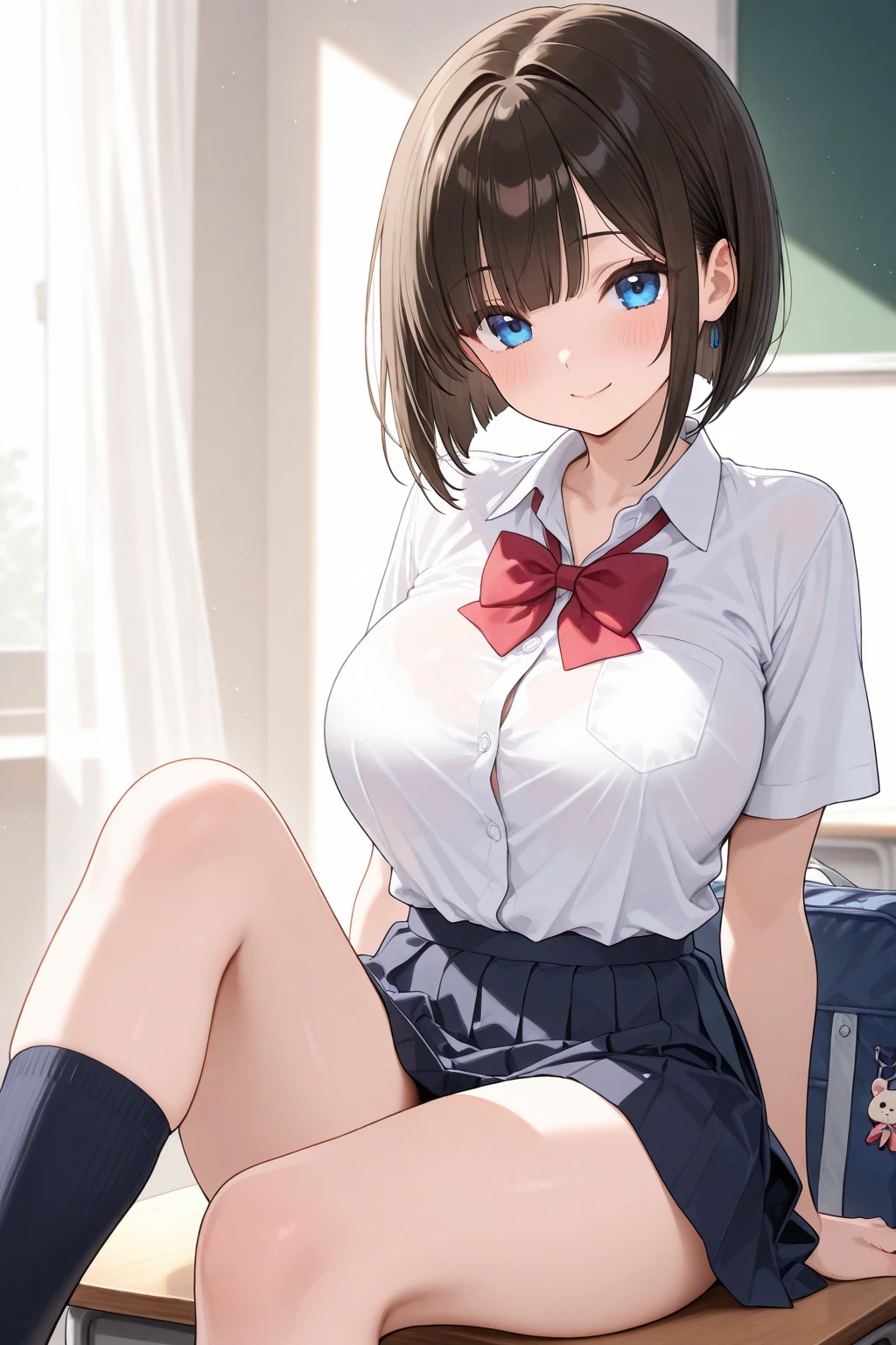 Ultra-detailed finish、High resolution、(highest quality、Masterpiece)、Ultra-detailed beautiful faces、Beautiful dark eyes、High school girls、Very cute beautiful girl、17 years old、mini skirt、Black socks、I'm wearing brown loafers、pantie, Inner thighs、Are standing、Slim and long beautiful legs、(embarrassed:1.2), (blush:1.1), brown hair, messy hair, short hair, indoor, erect nipples, (pussy juice)、Hands between legs