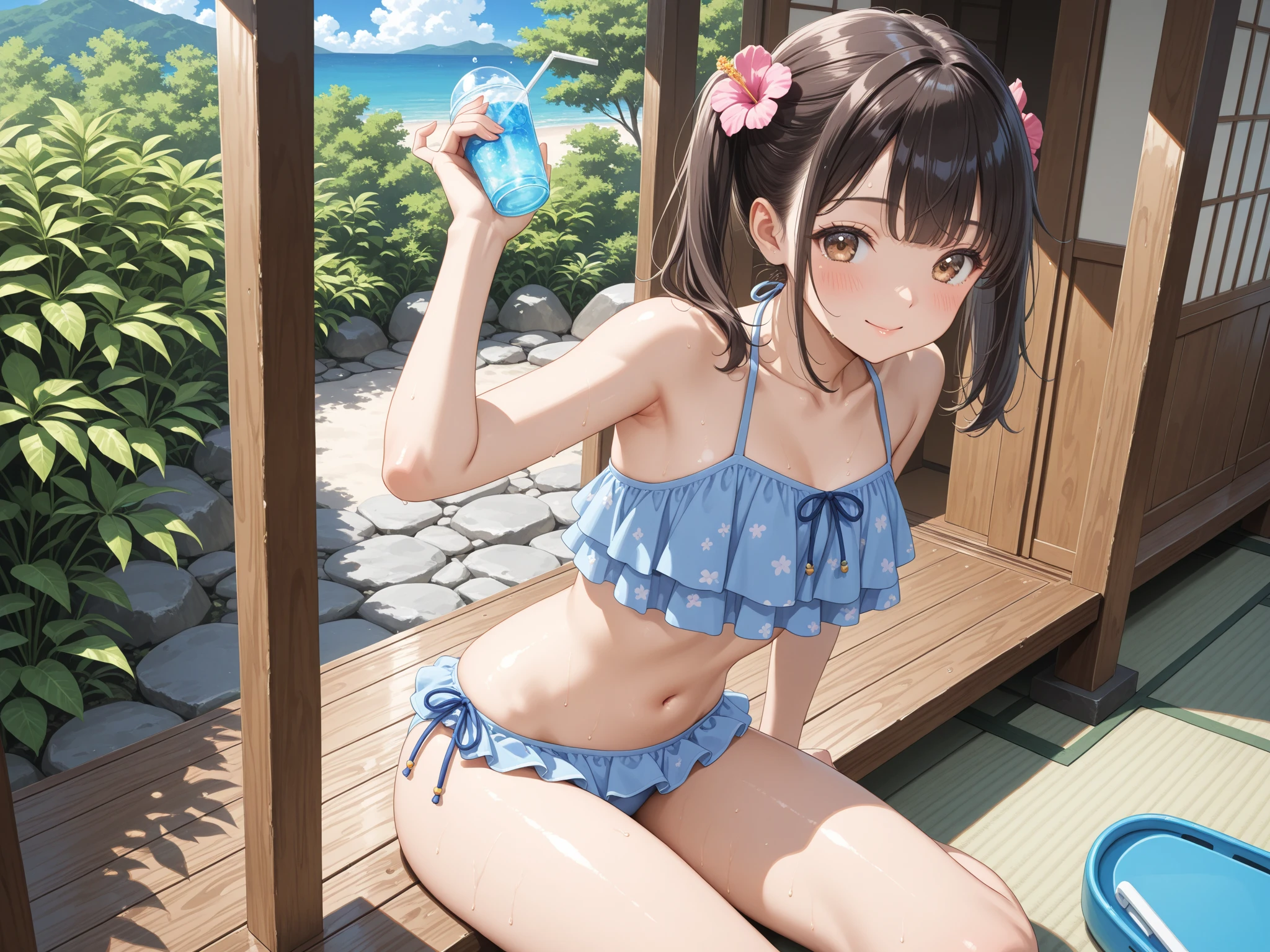 cute woman、cute face、cute smile、10 years old 、full body shot、80mm、well-shaped chest、slightly larger breasts、lazy smile、wet t-shirt、prominent nippleini skirt、garden、Squirting、cherry blossoms、Because I'm slender、Beautiful and slim legs、clear white skin、sit on top、