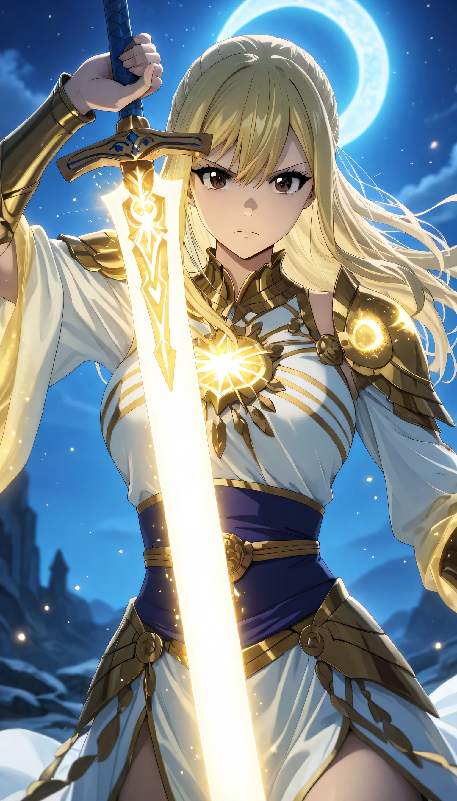 masterpiece, ((high score 99, great score 99)), absurdres, close-up, beautiful woman, lucy heartfilia, long hair, blonde hair, brown eyes, mature female,
Celestial spirit clothes armor or dress, celestial spirit armor or dreas, ((beautiful eyes)), vivid colors, volumetric lighting, soft lighting, one girl, one female, one woman, weapon,cowboy shot,outdoors, sword,holding weapon,blurry,night, depth of field,glowing,holding sword,obi, serious mode, the king pose, king pose, one sword