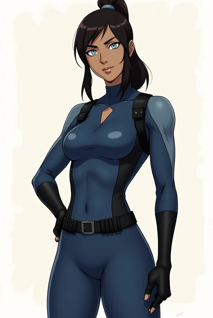 masterpiece, high quality, best quality, 1girl, solo, (muscular female:1.0), (super gigantic breasts:1.0), (closed mouth, half smile), harah, long hair, brown hair, blue eyes, dark skin, large breasts, earrings, (black and blue color-blocked bodysuit:1.50), (((blue on the sides and black on the middle of the bodysuit:1.5))), lips, blue sclera, anime screencap, anime key visual, (fully clothed:1.0), full body <lora:Harah:1.0>