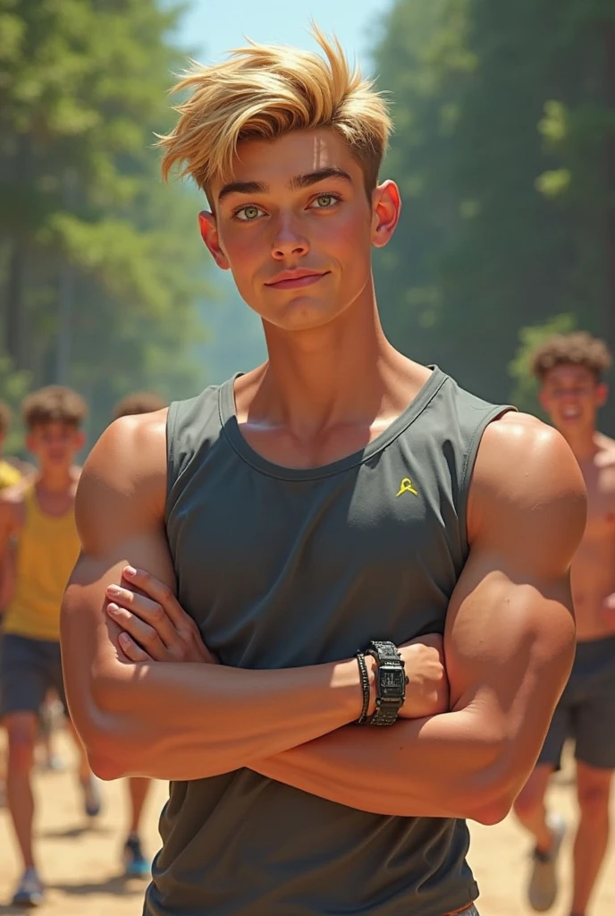 a lean skinny shirtless 18-year old caucasian boy wearing jeans, short blonde hair, cute face, blue eyes, tanned skin, smiling, drenched in sweat, sweating profusely, walking in the park, half-body