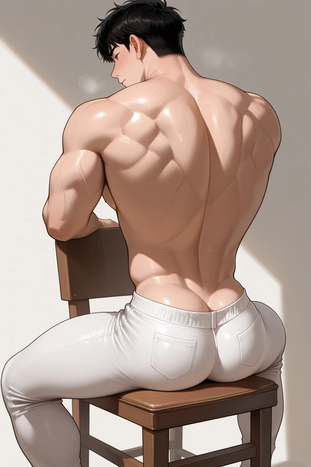 Attractive male, muscular male, blue eyes, white hair, pale skin, laying on back, legs apart, pierced ears, bedroom, blushing, pierced nipples, gay male, large pecs, bubblebutt, huge butt, sweaty body, wearing jockstrap underwear, bulge, slim waist, big butt, wavy hair, arms behind head