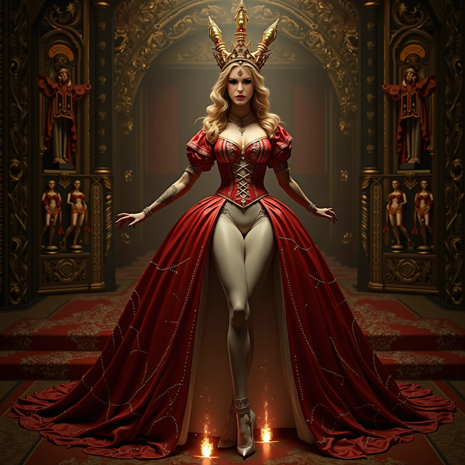 Extremely powerful strong and well endowed twenty years ((blonde)) single woman, very sophisticated noble queen empress dress costume, (fantasy extravagant opulent multi-layered white fur and red silk dress:1.8), royal opulent parade gown, full of luxury, full of confidence, giant breasts, medieval fantasy setting, masterpiece, luxury atmosphere, dynamic lighting, intense contrast, inside a beautiful manor, many jewels, many layers, extremely intricate and pretentious , (pretentious:1.3), night time, pretentious pose, action shot, generous plunging neckline, depth of field