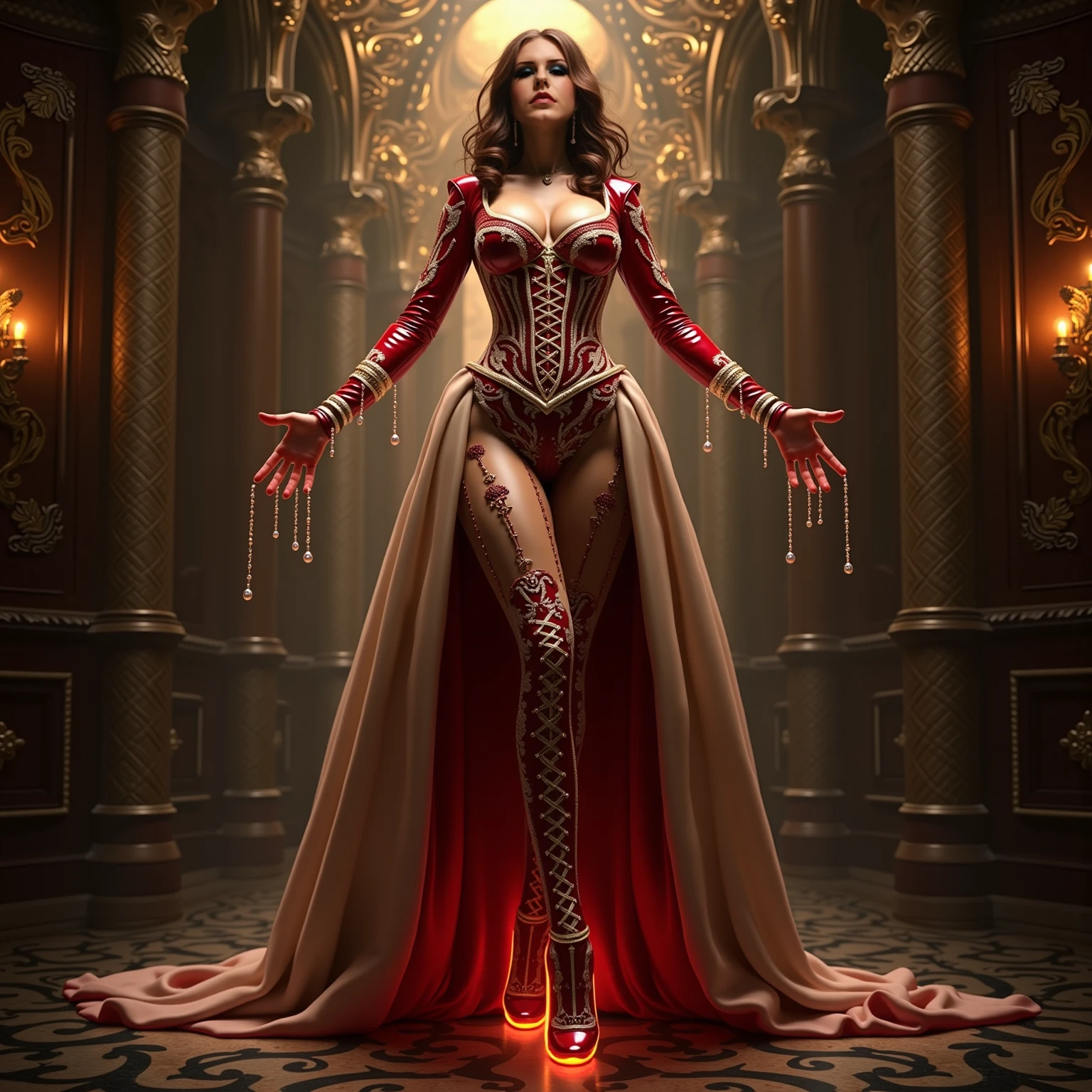 Beautiful and captivating painting of a perfect female vampire, showcasing a slender figure with an enchanting allure, vast breasts that seem to defy gravity, and shapeless, long, wavy hair cascading around her. Her features are near perfection, each line and curve perfectly defined. She is adorned in an extremely baroque vampire corset, intricately designed with exquisite details and ornate patterns.

This full-body photograph captures the abstract beauty and purity of form in the vampire's image, emerging as a near-perfect concept. The dynamic pose she presents adds to the captivating allure, contrasted against an ethere