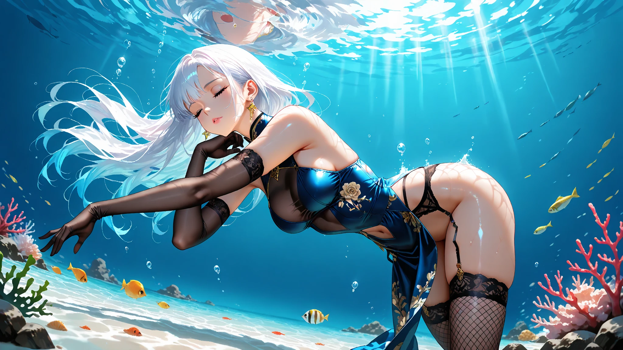 Underwater world Atlantis,abyssal,Mottled sunlight,coloured with lots of colour,Underwater world,cold shades,Epic reality,(hdr: 1.4),1female,30 age old,Married Woman,熟妇,extremely large bosom, 独奏,(Background with:deep sea creatures,colorful coral reef,Deep in the ocean,lotus flower),Open-mouthed,Toothy smile,Long messy hair,Long hair flowing in the water、She has long silver-white hair,sink,Arms spread wide((lay on back))Gentle eyes,beatiful detailed eyes,Bright pupils,Purple eyes,Snow-whiteskin,Redlip(((tmasterpiece),(Very detailed CG unity 8K wallpaper),best qualtiy,cinmatic lighting,detailed back ground,(Very fine and beautiful),ultra - detailed,tmasterpiece,))facing at camera,A high resolution,ultra - detailed),revealing breasts,Bare genitalia, Bulge,Camel toes,Desire for dissatisfaction,legs separated,Sexy gesture,(Wearing:see-through school uniform,Bare ,)Barefoot,without wearing shoes,Drenched Body,metal decoration,Deep V bare back,Black transparent raincoat,Delicate earrings,Delicate metal headdress,delicatenecklace,(Correct anatomy 1.4),Straw whale