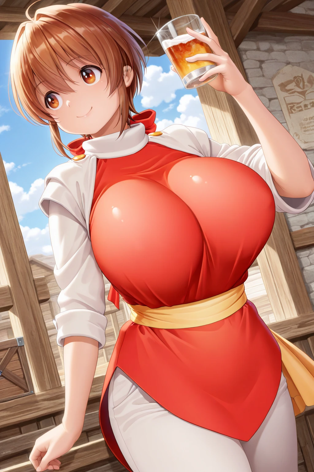 Brown hair,short hair,bigbreast,mini skirt,wanwan_at,hair bun
