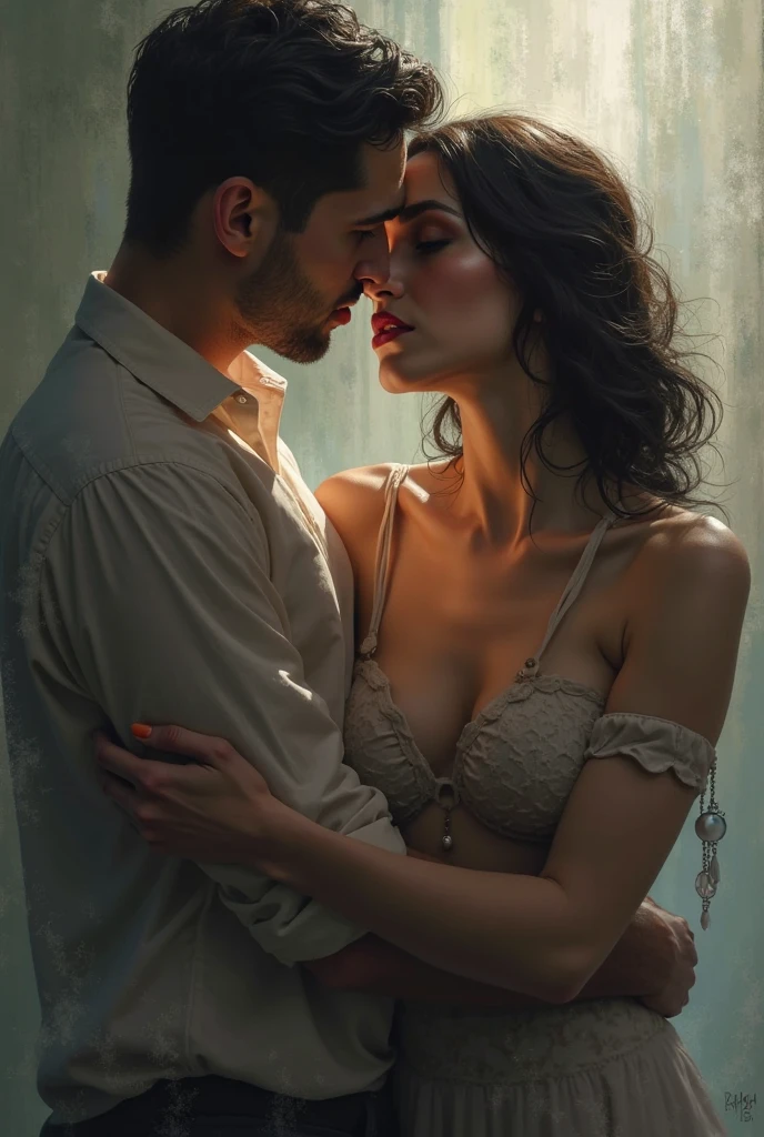 "In a dark and romantic environment, a man and a woman are dating. Their face is illuminated by soft, intimate lighting, revealing an expression of satisfaction and happiness. 4K resolution captures every detail, from the texture of the dress's fabric to the delicate play of shadows and light on the skin. vivid and emotionally charged moment."