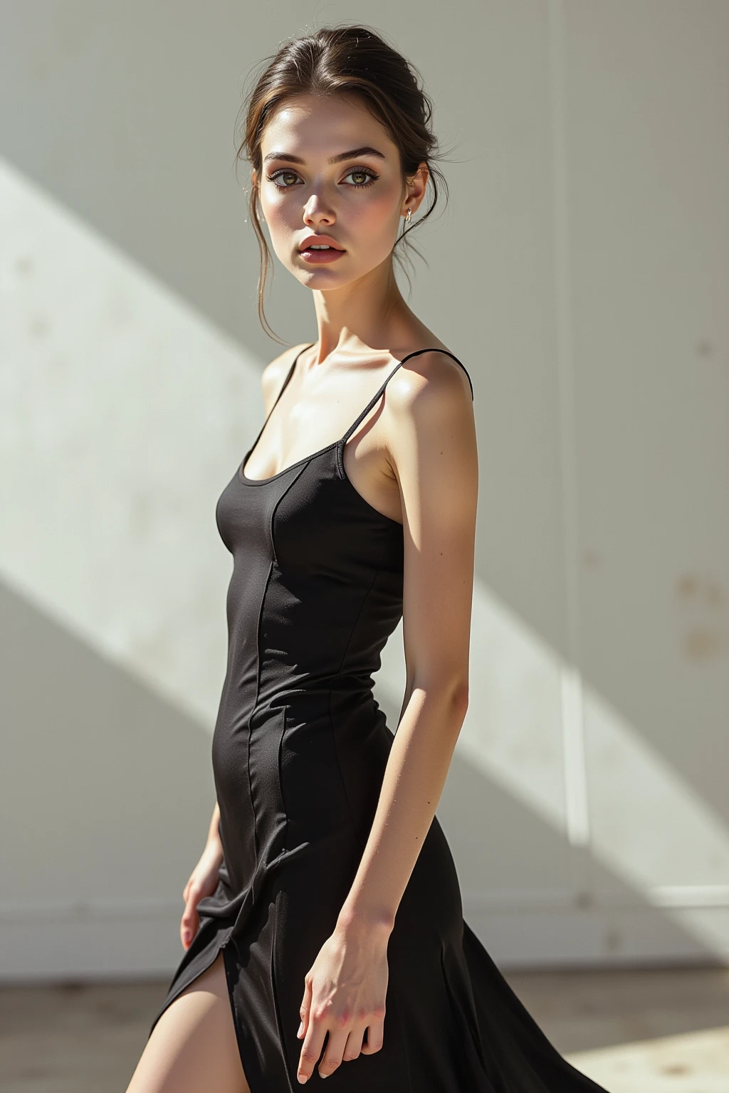 uma foto de corpo inteiro, from afar of an araffe dua lipa girl vestido tubinho preto, rooftop hotal fasano a noite,, 8k melhor qualidade, roupa , corpo e rosto detalhados, sunset