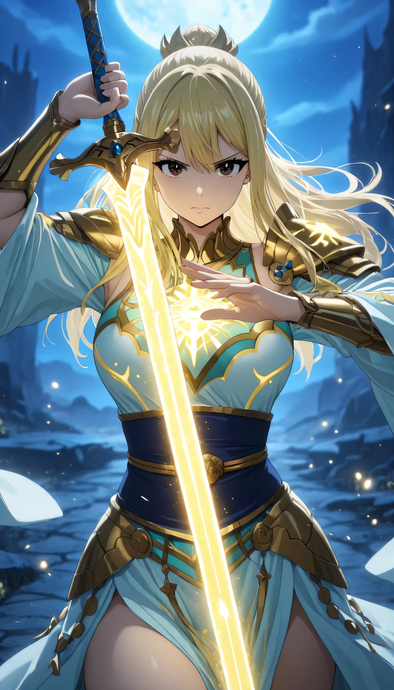 masterpiece, ((high score 99, great score 99)), absurdres, close-up, beautiful woman, lucy heartfilia, long hair, blonde hair, brown eyes, mature female,
Celestial spirit clothes armor or dress, celestial spirit armor or dreas, ((beautiful eyes)), vivid colors, volumetric lighting, soft lighting, one girl, one female, one woman, weapon,cowboy shot,outdoors, sword,holding weapon,blurry,night, depth of field,glowing,holding sword,obi, serious mode, the king pose, king pose, one sword