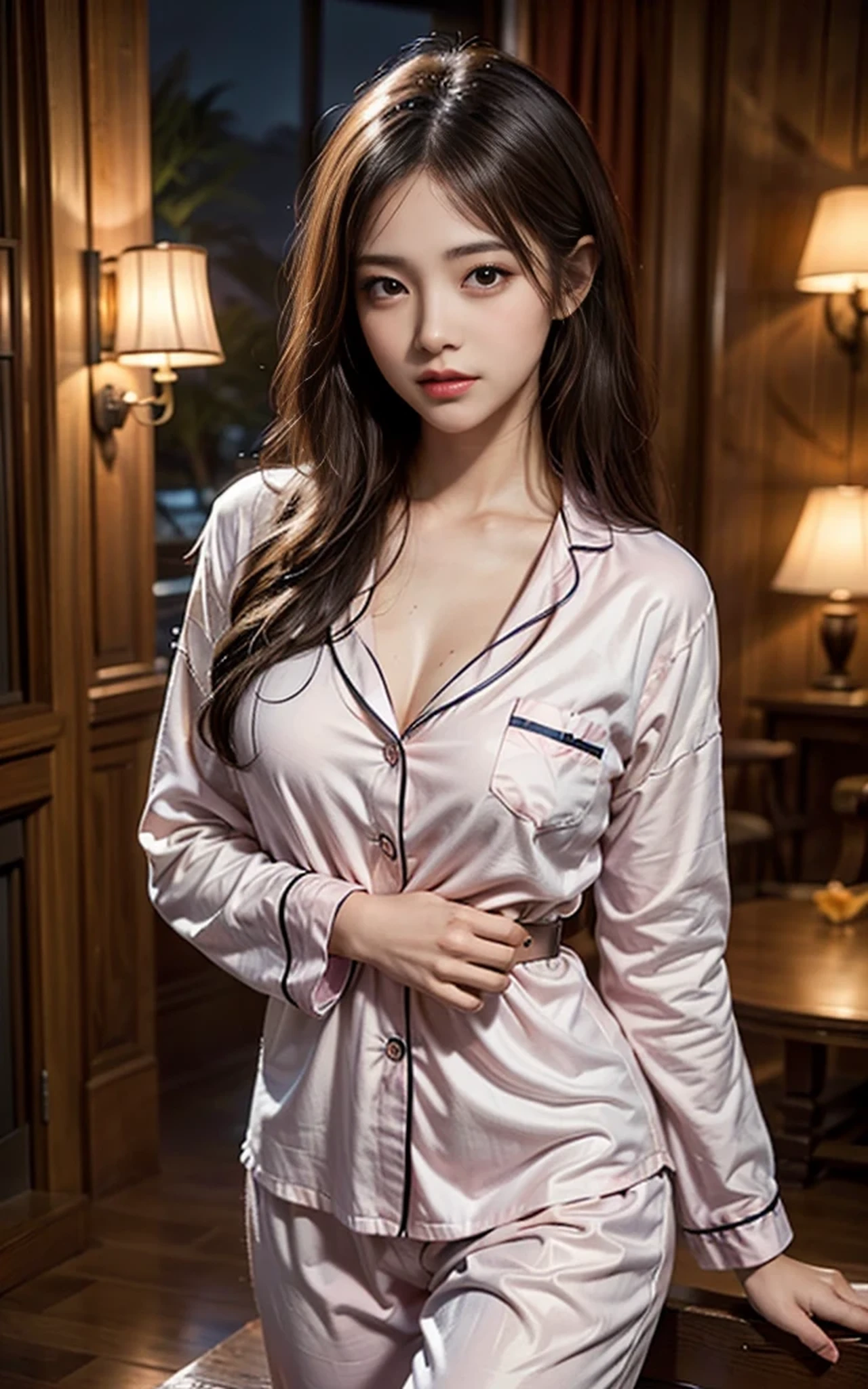 ((photorealistic lighting, Top Quality, 8K, masterpiece: 1.3)), Clear Focus: 1.2, 1人の女性, Perfect Body Beauty: 1.4, Slim Abs: 1.1, ((Dark-brown hair, larger: 1.3)), (Accelerate: 1.4), (plein air, natta: 1.1), bed, Ultra Slender Face, Fair eyes, Double eyelidd, Exposed valley absurdity, Unbelievably absurd, Messy hair, Floating head,Pajamas,slip,sofa,Pajama gowns,