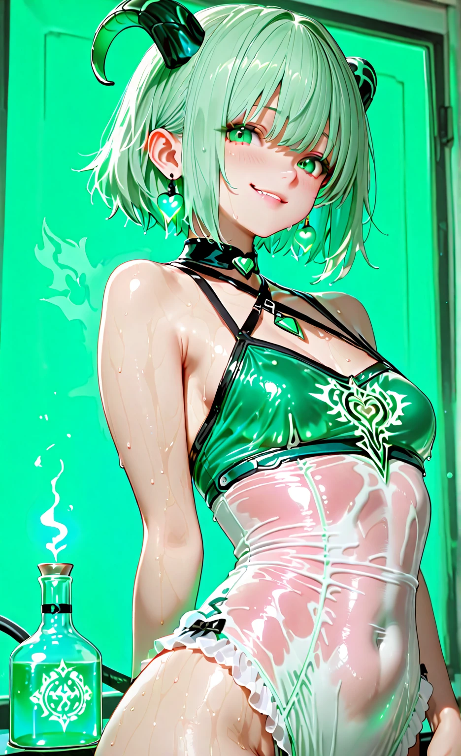 masutepiece,A hyper-realistic,32K,the Extremely Detailed CG Unity 8K Wallpapers, Best Quality,(beautiful japanese female),short-hair,((liquid slime dress)),Skin fit,Flashy makeup,(Film Overlay:1.3),(FULL BODYSHOT)),Opens mouth and laughs,Gichigichi,
