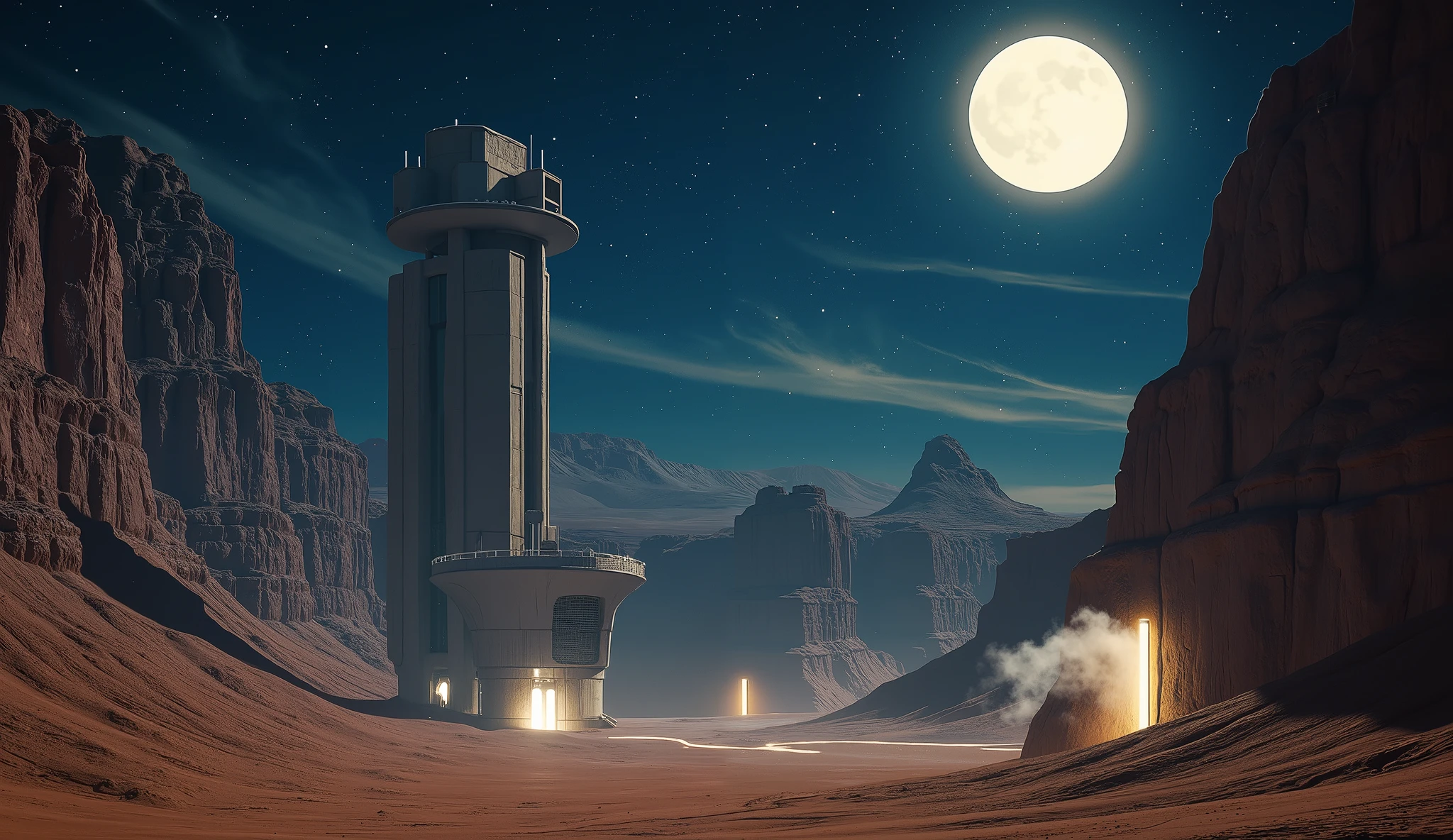 Art by Ronan Le Fur,A vast desert landscape inspired by the Grand Circle in the American Southwest has been partially transformed into a massive high-tech facility. Towering natural rock formations and vast canyon walls remain visible, but are now integrated with futuristic structures, glowing panels, and embedded technology. Streams of light leak from crevices, and thin columns of steam rise silently from vents hidden among the rocks. The scene is set at night under a breathtaking star-filled sky with a large, luminous full moon casting pale light across the terrain. The atmosphere is quiet and eerie — a blend of untouched natural grandeur and silent technological intrusion. No people or animals are present, heightening the sense of isolation and unnatural calm.futuristic landscape, Grand Circle, high-tech facility, natural rock formations, glowing vents, starry sky, full moon, sci-fi desert, steam, cinematic mood, no people, no animals