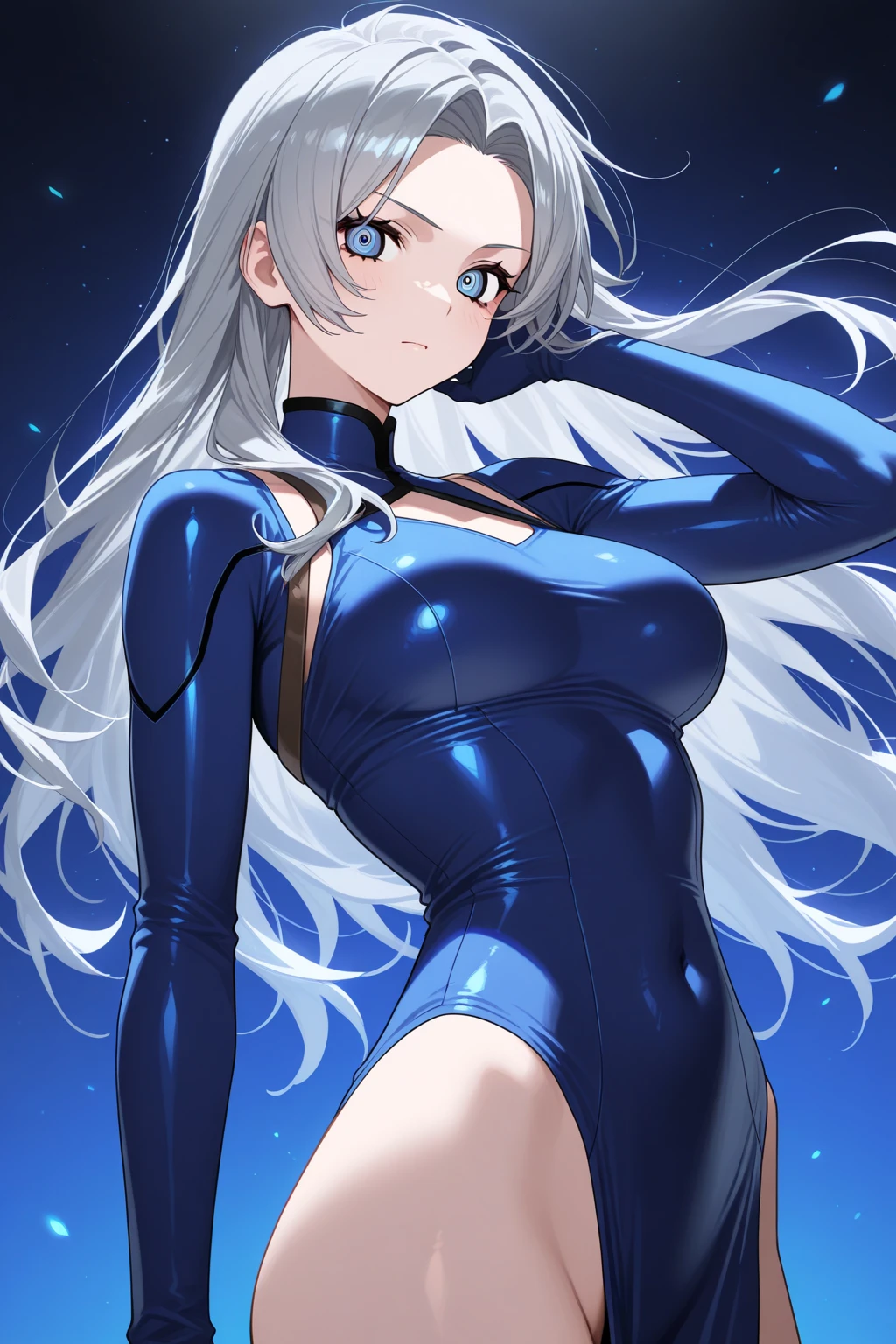 (((masterpiece、Highest image quality、highest quality、highly detailed unity 8kwallpaper)))、((Illustration of one girl))、(((beautiful girl)))、blue hair、stocky build, thickset physique:1.3, muscular legs, broad shoulders, solid chest、(((big breasts)))、white clothes