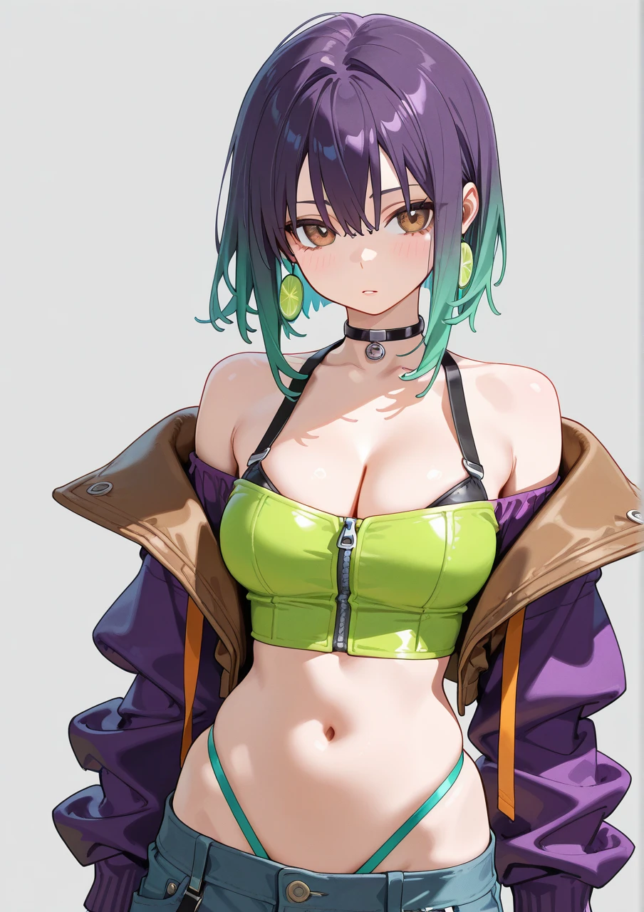 （（purple glasses））（（ reflective bra）） imperial green jade sunglasses， wearing a purple outfit and purple sunglasses, （（1   girl））