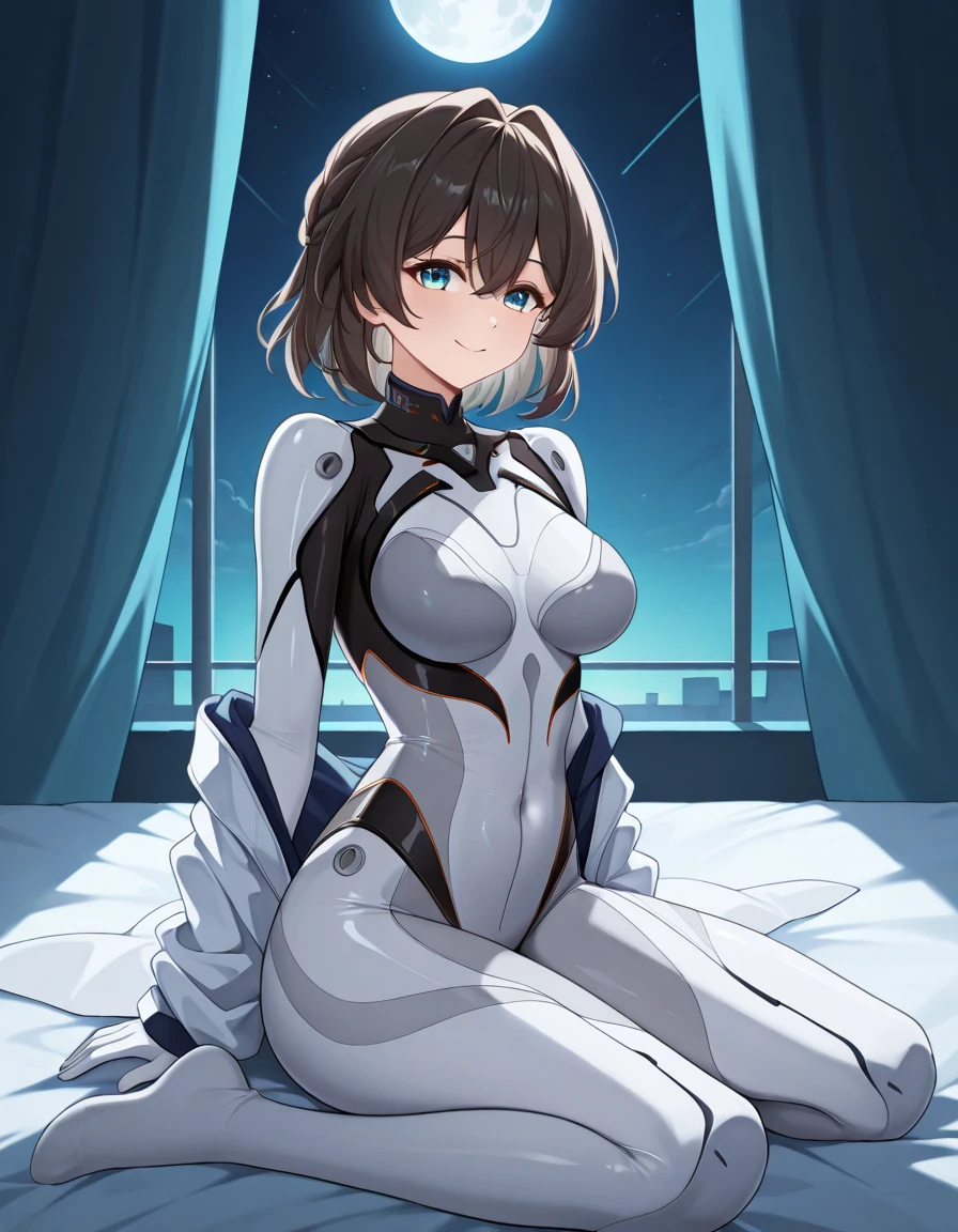 A Female robot is sleeping in bedroom, spread legs, nude, banzai pose. she wears no dress. She Brown short hair is tied with two big red clothespins, She lifts up the under hem of her white plain dress, leaning over, masterpiece, very short pigtails,brown hair, mature, android, blue eyes, full body figure, Height: 160cm, flushed cheeks, 2020s anime picture, A beautiful robot with short brown hair in two short pigtails held up by two very large huge red clothespins, Uplifting, No NSFW, whole body, barefoot, archaic smile, getting orgasm, 25 years old, sweat bucket.