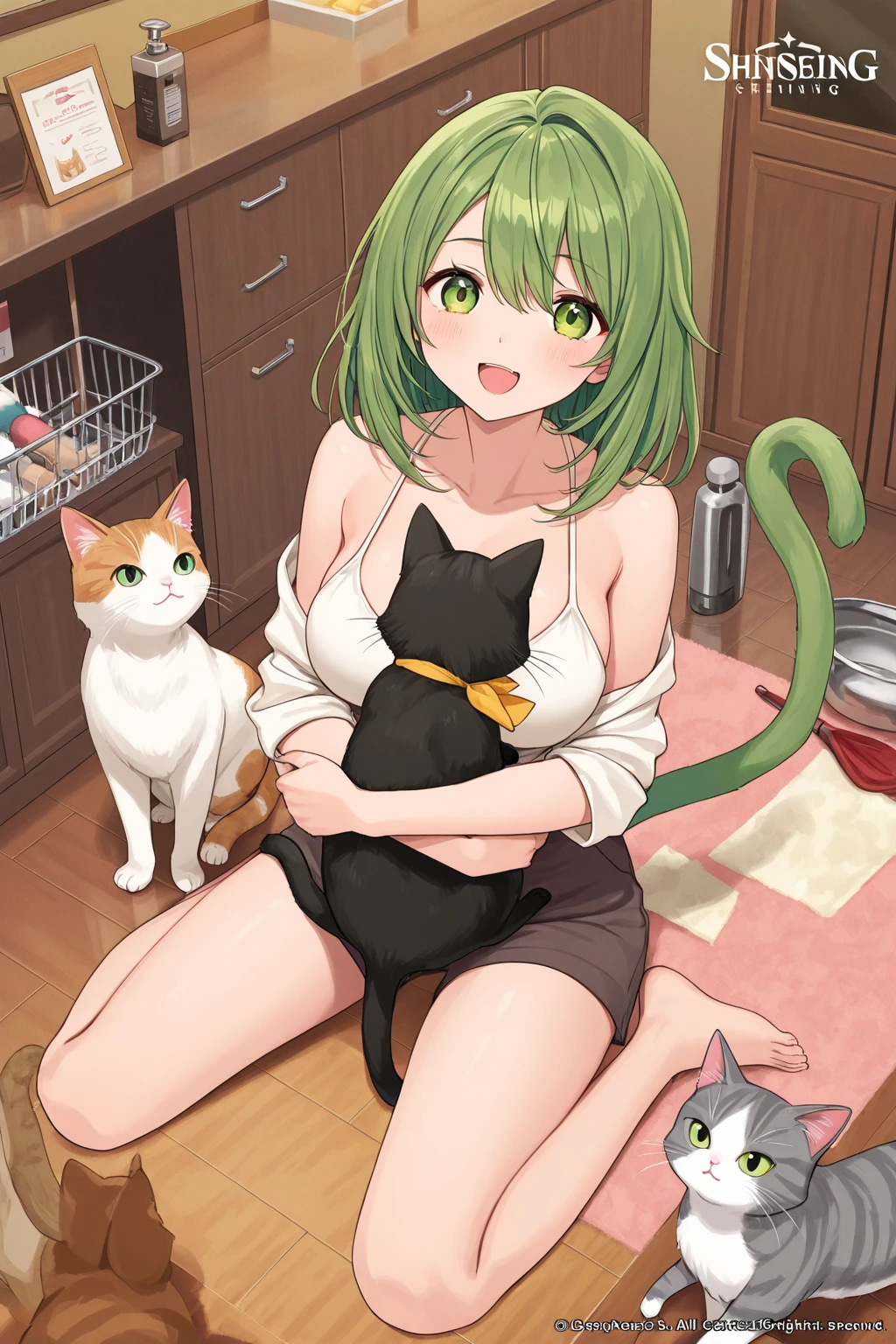 Cute girl, dark green hair, yellow eyes, short hair, sexy body, sexy, loves to, Open mouth, Cat clothes, cat ears, cat tail, cat collar, Sexy pose, I want a, Pink pussy, long, She drinks milk