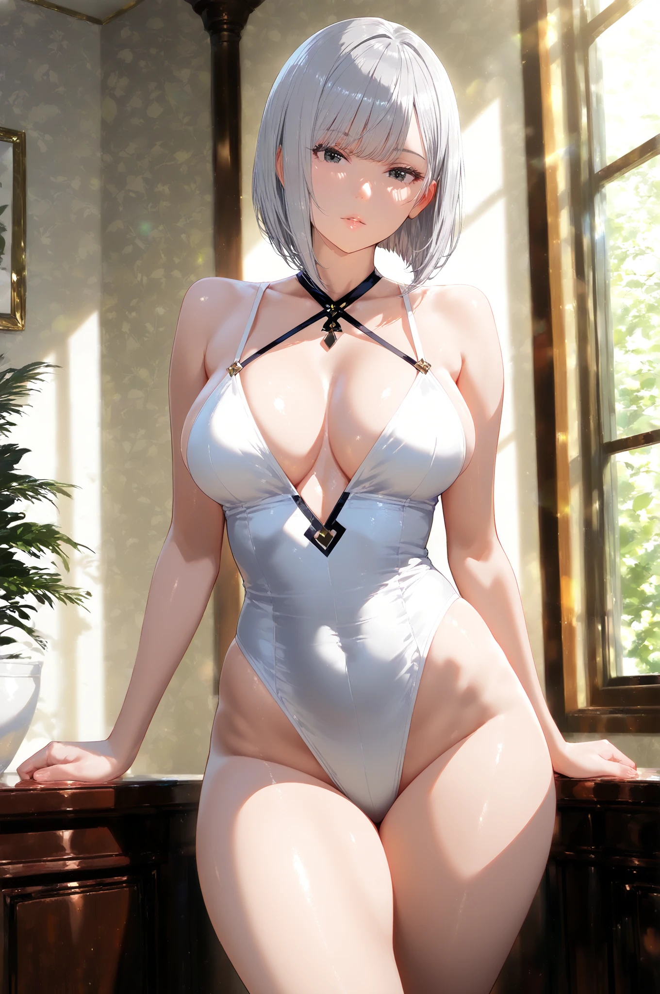 Nier automata 2B a beautiful millionaire pool with a very sexy silver swimsuit well made