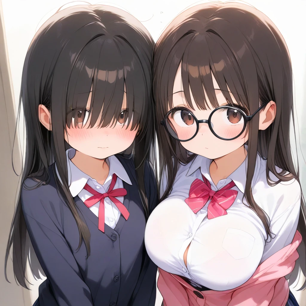 ultra-detailliert, Best Quality, High resolution, ((Two cute little girls with big faces and black hair.))、Pretty eyes、Detailed eye depiction、Eye sparkle、Sareme、Looking at Viewer, pale skin、(((Petite))), (a sailor suit)、(flat chest), (big glasses), (blush:1.2), (big eye:1.5), Shy smile, NSFW, On the train, Focus on the face, Long hair, ((The upper part of the body))、from side