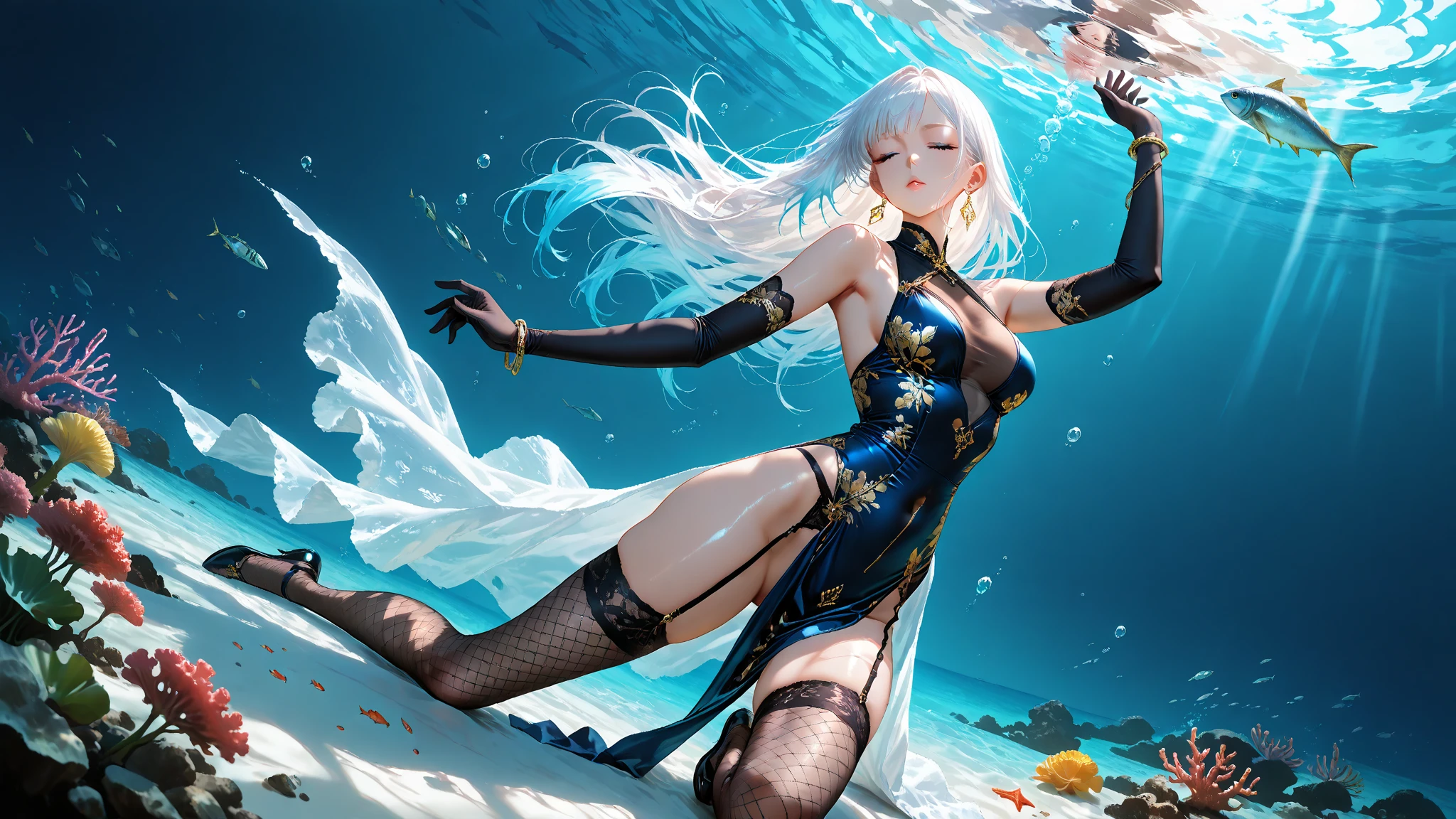 shenhe \(Genshin Impact\) 1girll，animemanga girl，Has light blue hair，Sword in hand, White-haired god, detailed anime art, Detailed anime artwork，Full body entrusted girl blush, Transparent swimsuit，Breasts, Chinese knot, ((Masterpiece)) Swimwear, Sexy swimwear, Seaside, beach, Ocean lift beach resort swimwear straight chest transparent swimsuit legs，High cold face，Royal Sister，Bigchest，Firm chest，see-through transparent clothes，