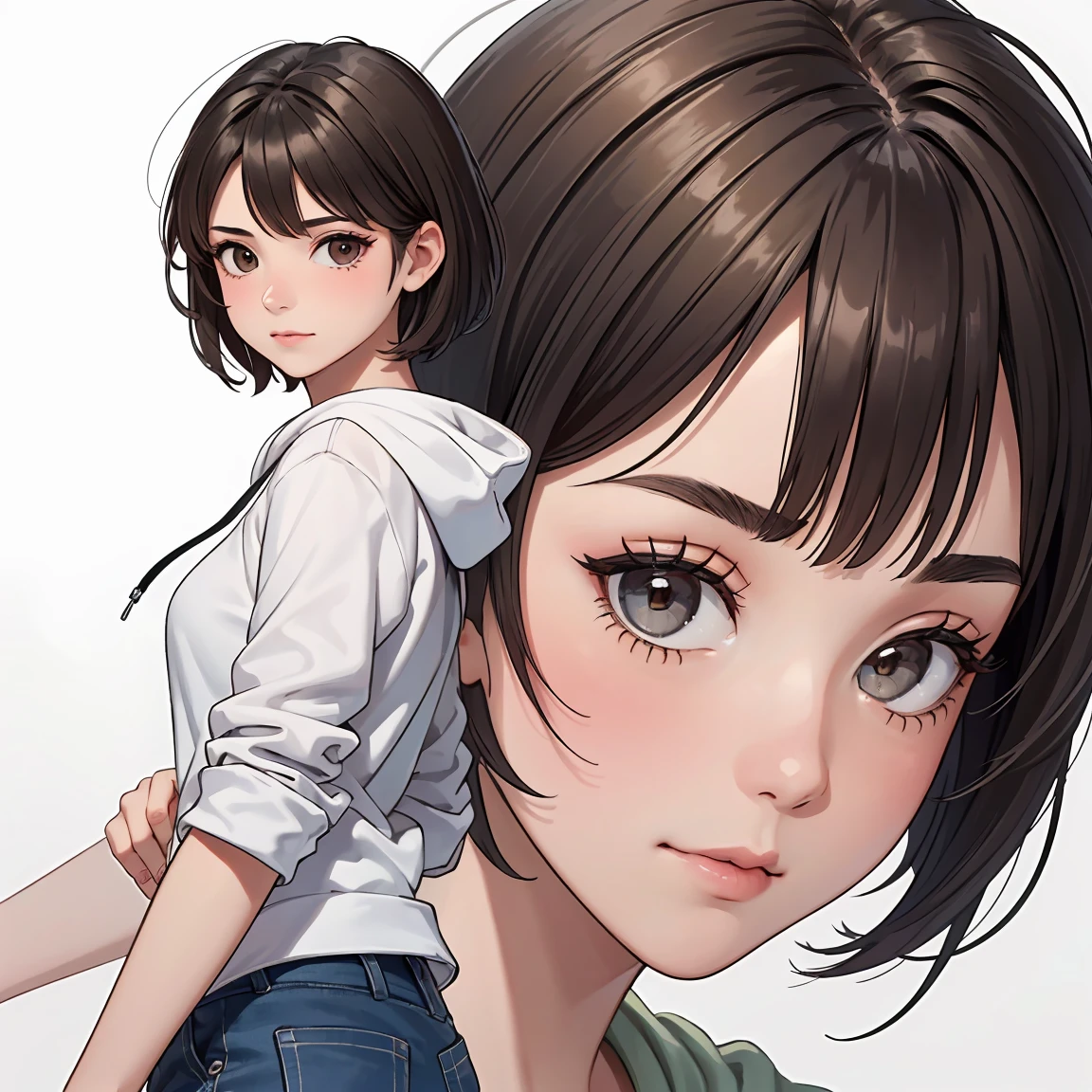 (((masterpiece, best quality, ultra highres, 1 girl, solo, no background))), super detailed skin and face and eyes and finger, beautiful japanese woman, small breasts:1.5, skinny, light brown hair, white background, very short pixie hair, cowboy shot, Generate with illustrations, Various expressions, Various poses, The background should be simple, with the character positioned centrally, outline, anime, 2d, boyish, Plain clothe, everyday clothes, expressionless, 