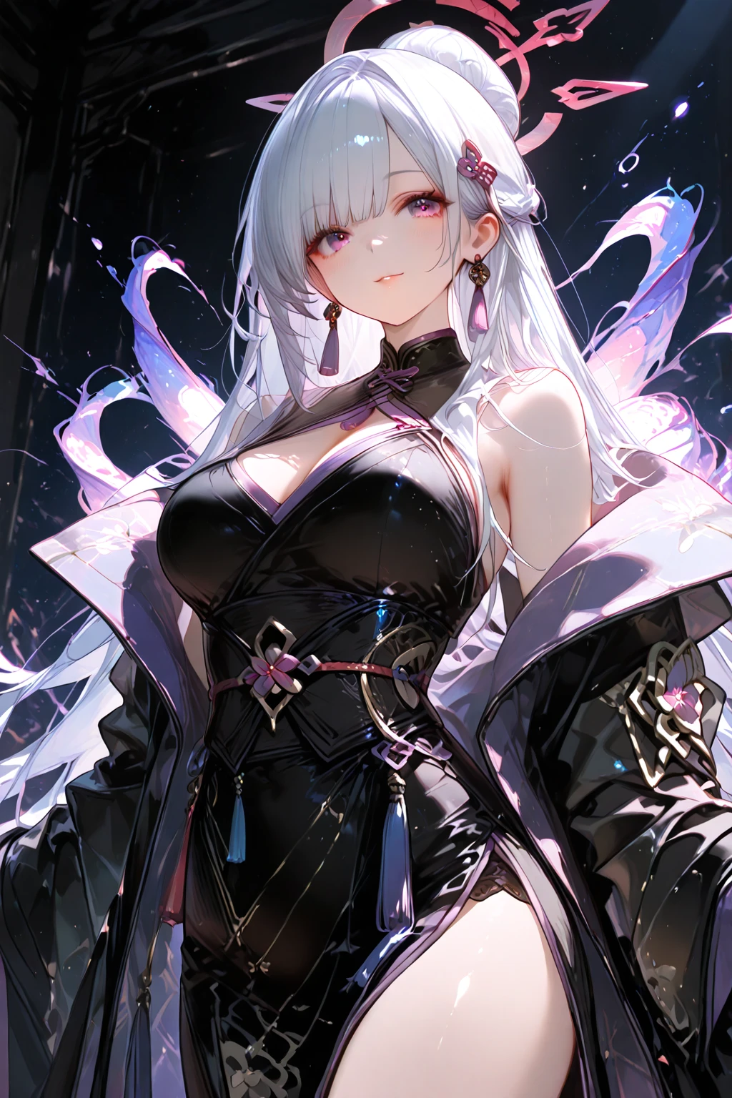 （（tmasterpiece：1.4，Best quality at best））+，（hyper-detailing）+，（詳細な目：1.5）+，（pointy ears：1.5），
（cute girls），15year old，（red color eyes：1.15），（Long pale pink hair:1.5），（wariza：1.2），pale-skinned，Seductive smile，black crystal block，God of darkness&#39;Fe，Red crystal on forehead，Black veil，
（She wears a gorgeous black witch costume：1.5），（black Bracelet：1.4）The sleeves are extra-long，black spiked headdress，dense fog，white colossus，Dream bubbles，black fingernails，red apple，Sitting on an old wooden chair，metal chains，Black silk gloves，green fire，spark effects，
（Demon Maiden：1.1），
（dawn light：1.2），
（Thick black and white：1.16），（depth of fields：1.4），Complicated details，color mixing，Detailed route，Excellent,super detailing,The content is very detailed,(hight contrast:1.11),ventania,Amazing cleavage,beautidful eyes,messy  hair,(best illuminate，Extremely Delicately Beautiful), ((movie light lighting)), (seen from the side:1.3)，8K,tmasterpiece，Best quality at best，cinematic Film still from，1 plump girl，（Close-up cleavage：1.1），bright，Interesting，gentlesoftlighting，（bauhause，shape，line engineering，Abstract：1.1）offcial art， Unity 8k壁纸， ultra - detailed， Beautiful and beautiful， tmasterpiece， Best quality at best， （dynamic angle：1.4），PerfectNwsjMajic，（tmasterpiece，top-quality，Best quality at best，offcial art，Beauty and aesthetics：1.2），The content is very detailed，rich colourful，highest details，