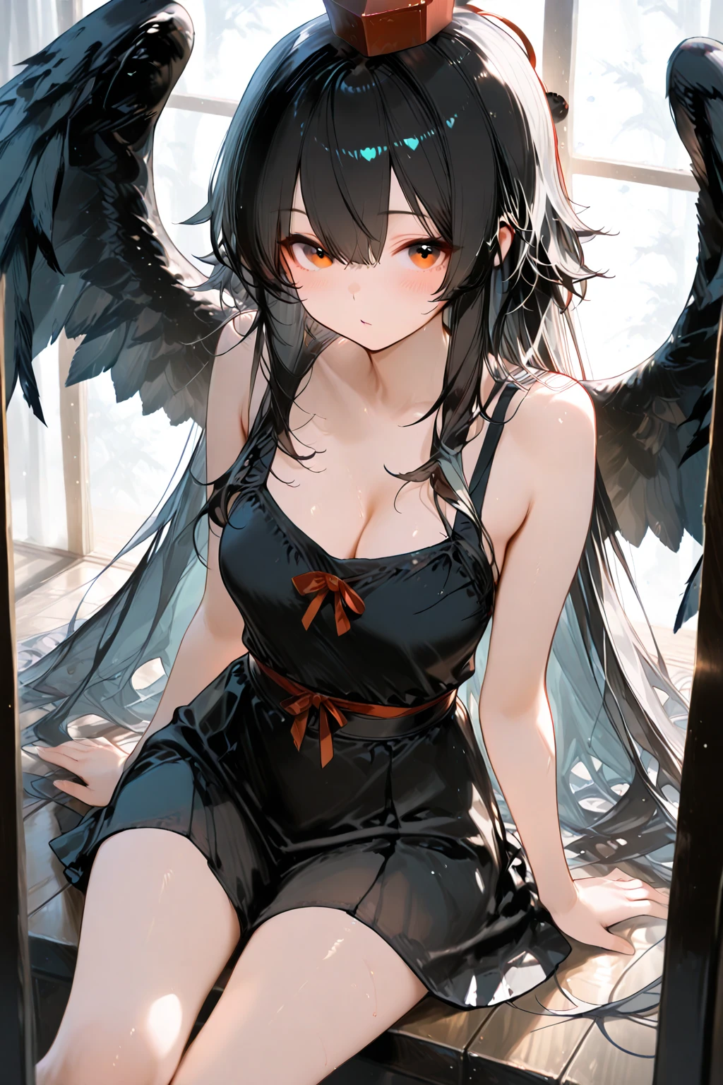 hasumi ba, halo, very long hair, black hair, upper body, thighs, standing, (lake background with trees around the lake), huge breasts, blush, mature woman, mature face, 1girl, solo, black choker, looking at viewer, hair between eyes, ((bikini)), red eyes, wings, black wings, smile, happy, parted lips