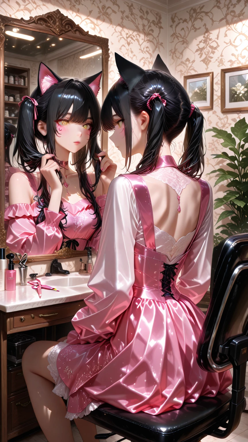 A cute 7 year old girl wearing a pink skirt with polka dots and a black top is crawling with her back to a mirror looking at it